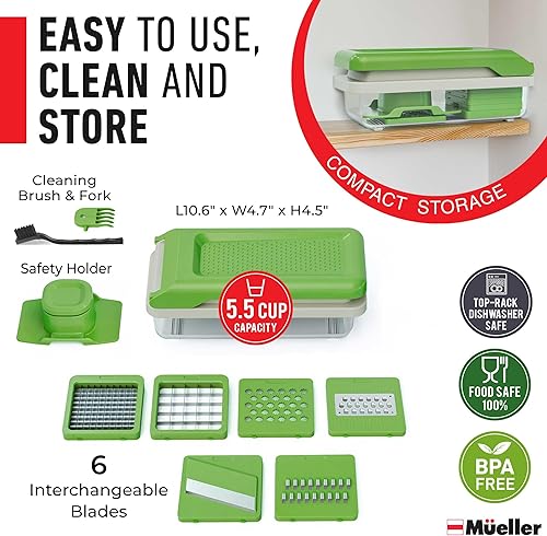 Vista 7 de Mueller Cortador de verduras de 9 cuchillas, mandolina para rebanar, picador de verduras, rallador de queso, cortador de cebolla con recipiente