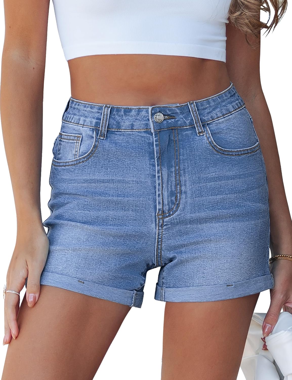luvamia Jean Shorts for Women High Waisted Trendy Cuffed Hem Casual Summer Stretchy Comfortable 2026 Denim Mom Shorts