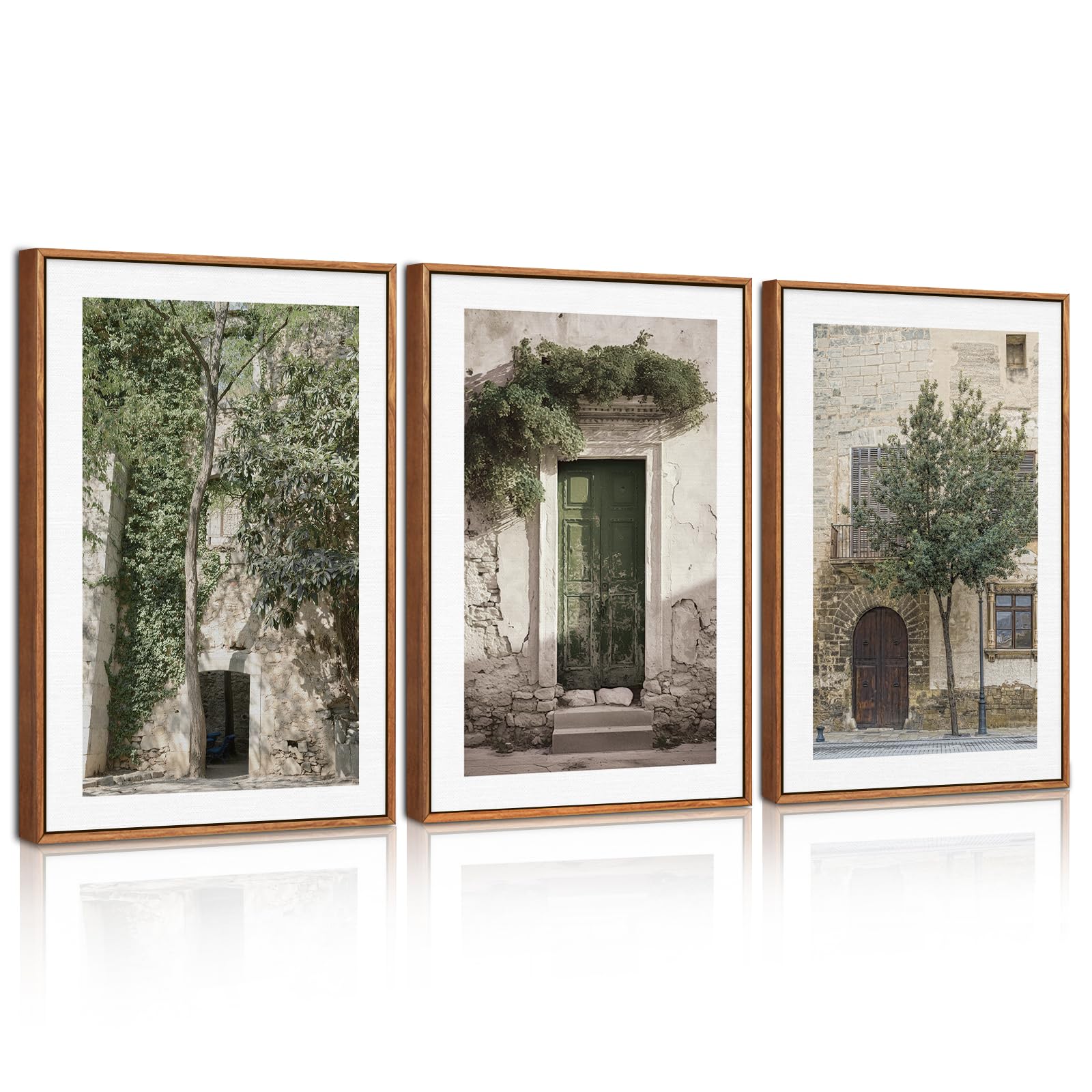 BINCUE 3 Teilig Grün Pflanzen Wandkunst,Vintage Stadtlandschaft Leinwand Wandbild mit Rahmen,Grüne Olivenbäume Altes Haus Deko,Malta Moderne Minimalistische Poster für Wohnzimmer Schlafzimmer,30x40cm