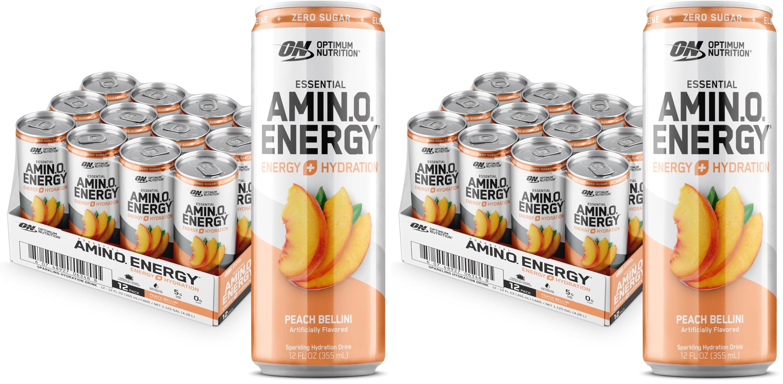 Optimum Nutrition Amino Energy Sparkling Hydration Drink,Electrolytes,Caffeine,Amino Acids,BCAAs,Sugar Free,Peach Bellini,12 Fl Oz,(Packaging May Vary),12 Count (Pack of 2) Amino Energy Sparkling Peach Bellini 12 Count (Pack of 2)