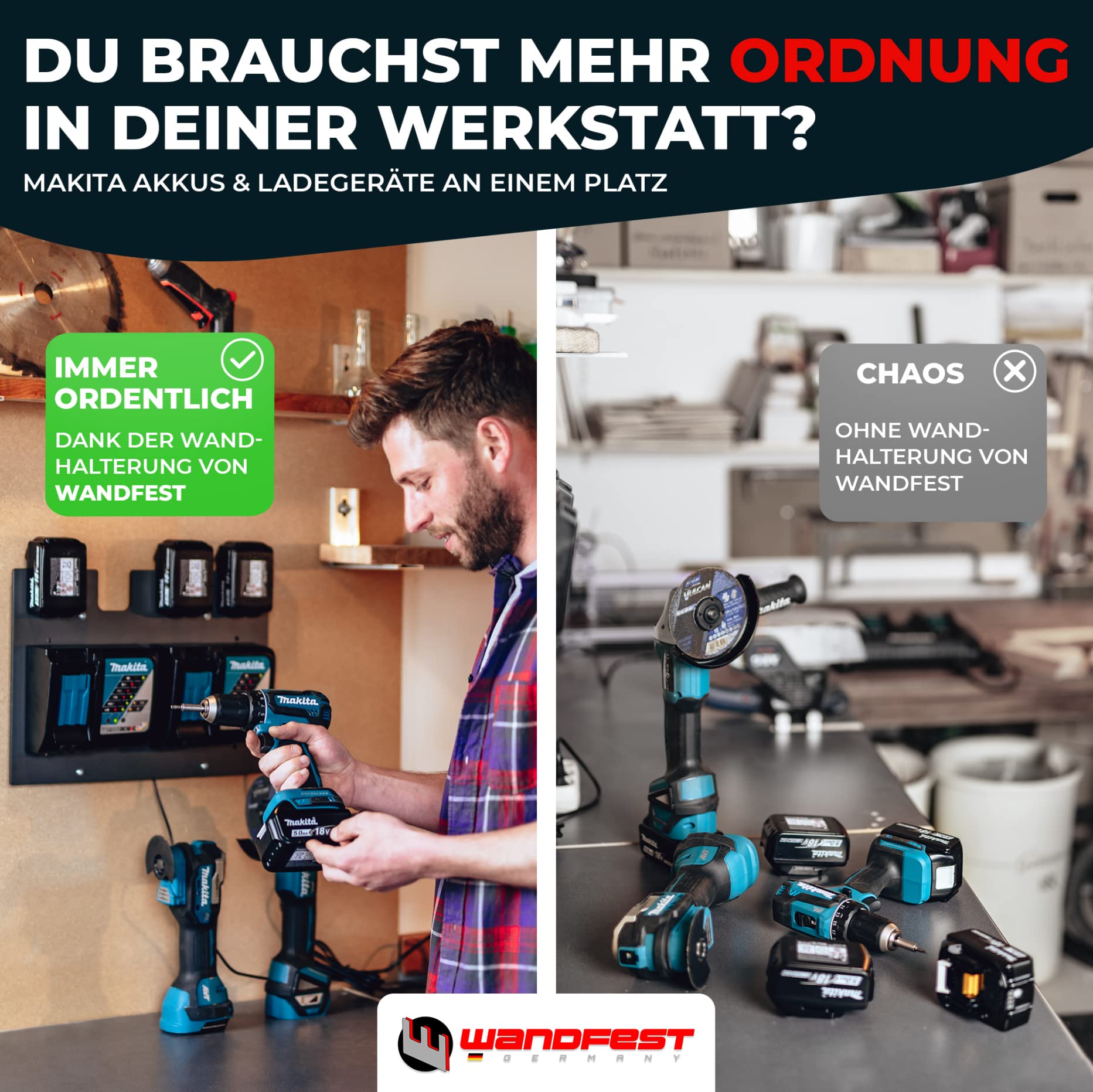 Wandfest® Uchwyt ścienny do akumulatorów i ładowarek Makita | w zestawie materiał mocujący [Made in Austria] uchwyt na akumulator na 1-4 akumulatory | teraz więcej porządku w warsztacie i garażu