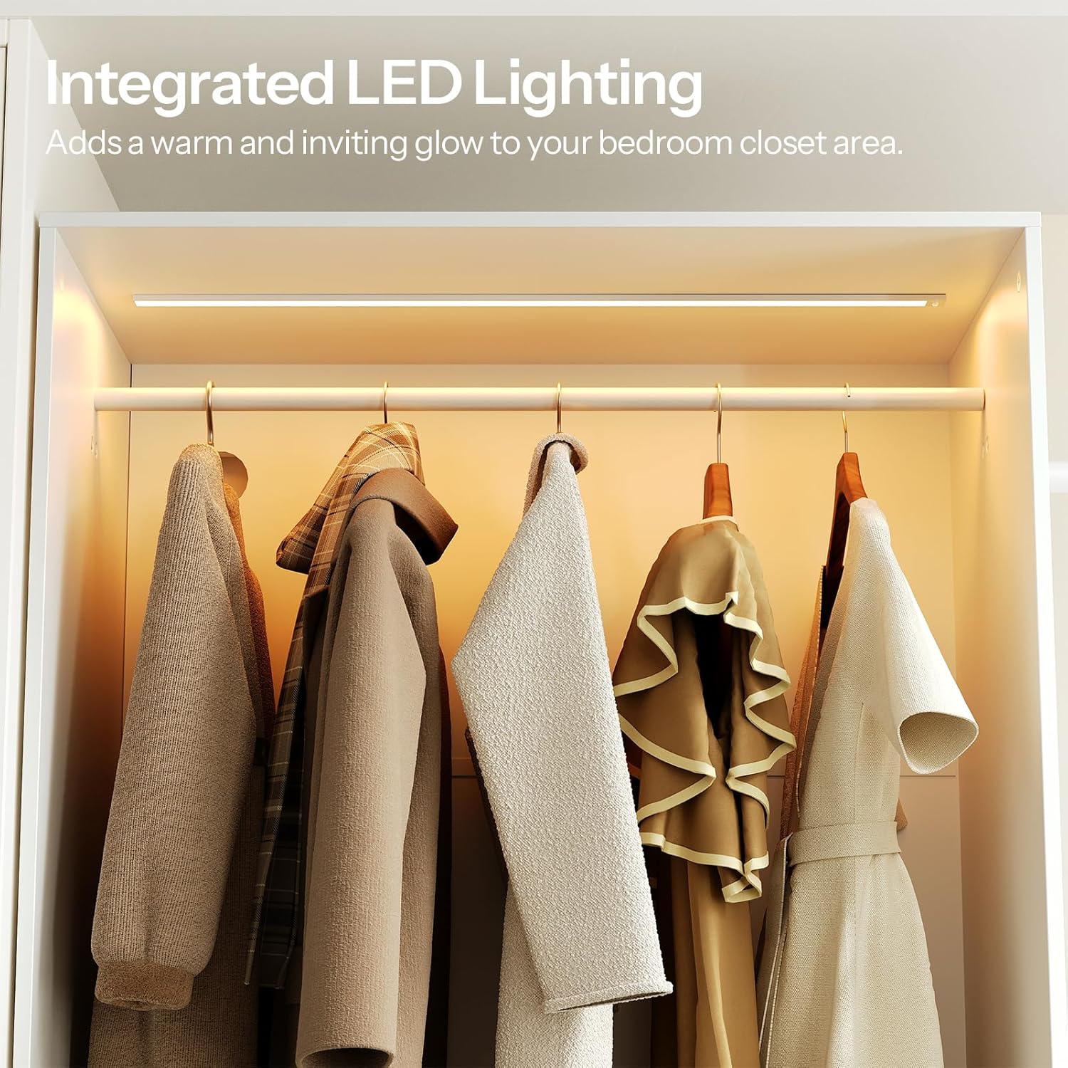 HOOBRO Closet System with 3 Extendable Rods, 9FT Closet Organizer with 4 Drawers, LED Light Strip, Built in Closet Organizer System, Adjustable Cloth Garment Rack from 6 to 9FT for Cloakroom, White