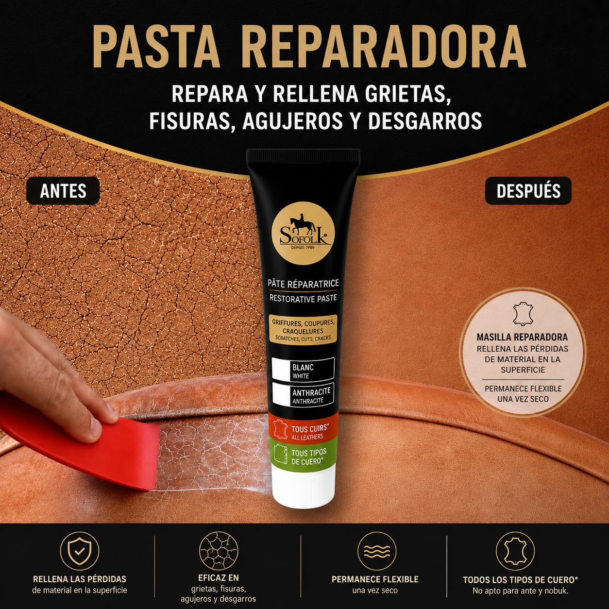 SOFOLK Pasta de reparación de cuero/falso cuero : grietas, grietas, gato de cocina, agujeros, peladuras (BLANCO)