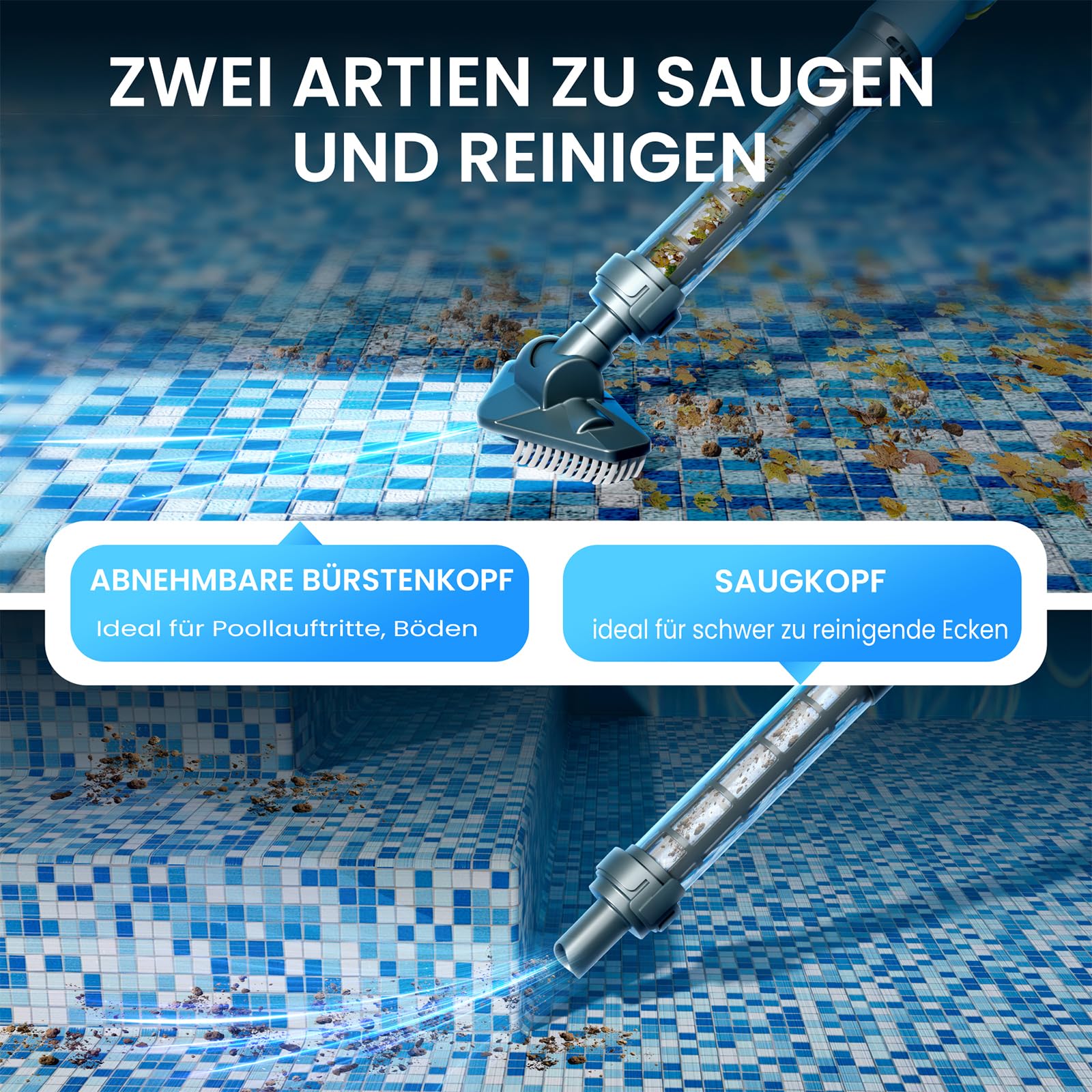 Poolsauger Akku Handsauger Whirlpool Sauger Kabelloser Pool Sauger, Tragbarer Spa-Staubsauger,160 cm Teleskopstange, Poolreiniger Ideal für Spas, Aufstellpool & Unterflur-Schwimmbecken
