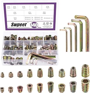 Swpeet 140Pcs M4 M5 M6 M8 M10 Metric Carbon Steel Color Zinc Plated Carbon Furniture Wood Screw in Nut Flanged Screw-in Hex Socket Drive Threaded Inserts Nuts Assortment Kit with 5Pcs Wrench