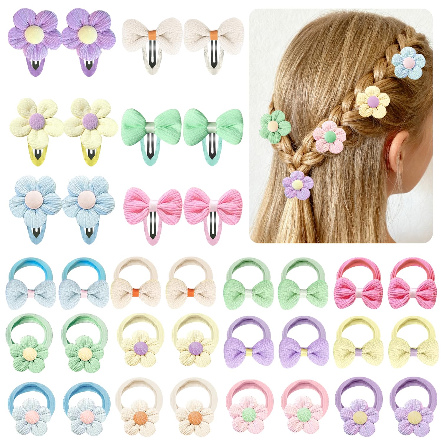 36 Pcs Baby Hair Bobbles, Candy Colors Soft Elastic Toddler Hairbands Hairclips with Bows and Flowers for Girls Hair Accessories