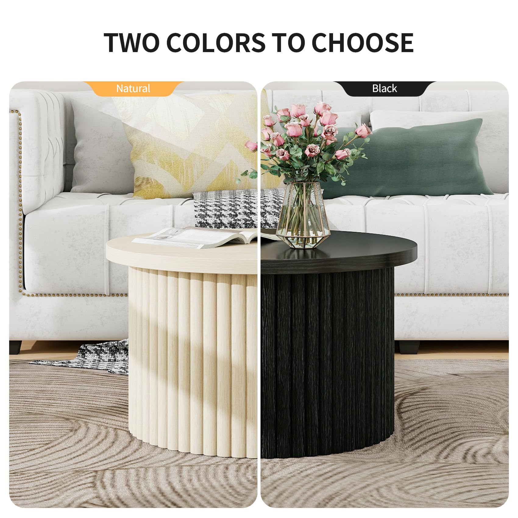 Modernes 2er Set runder Couchtische mit Wellenförmigem Design und Holzmaserung, Naturfarbe – Stilvolle Beistelltische für Wohnzimmer, Schlafzimmer, Arbeitszimmer, Balkon