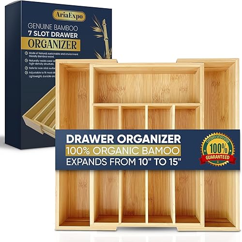 Miniatura 8 de Organizador de cubiertos de bambú expandible, organizador de utensilios de cocina, organizador de cajones de cubiertos, organizador de cubiertos de