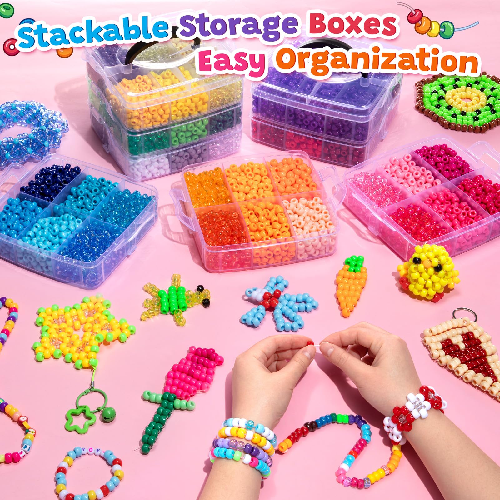 Umikk Pony-Perlen in 48 Farben, 6 x 9 mm, Kunststoff-Kandi-Perlen für Armbänder, Haare, Flechten, Schlüsselanhänger, Schnüren, Basteln, Geschenke für Kinder ab 6 Jahren (2,60 kg, stapelbarer