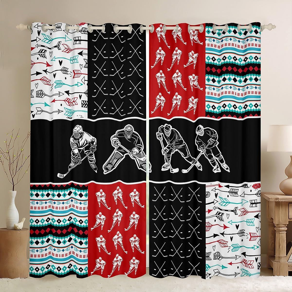 Castle Fairy Baseball Window Curtains,Player Ball Sports Outdoor Games Window Treatments for Kitchen,Plaid Red Grey Stripes Hand Drawn Polyetser Blackout Window Drapes, 2 Panels, 52Wx84L inch