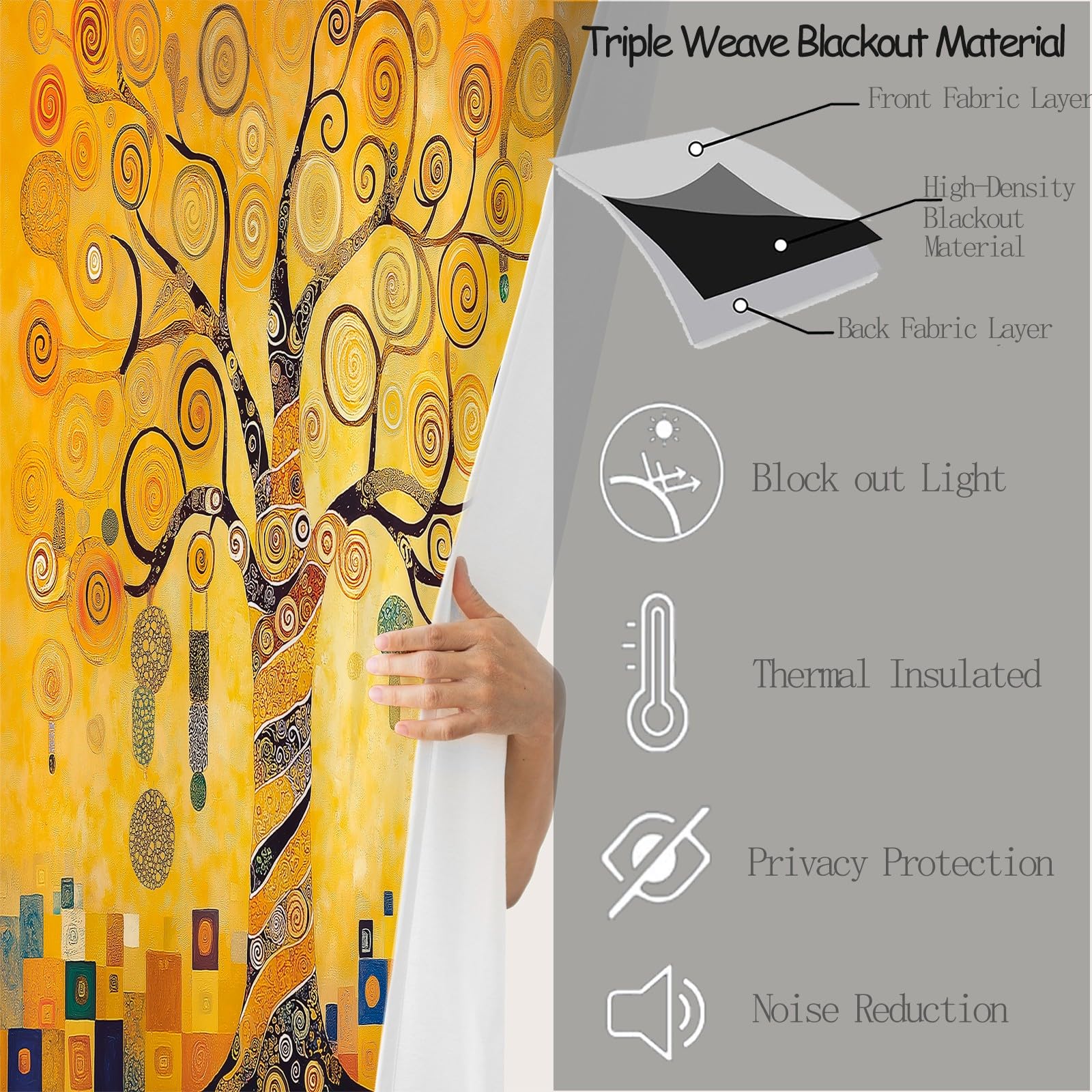 Vorhang Klimt Lebensbaum Der Linien Drucken Gelb mit Ösen Verdunklungsvorhänge Gardinen Thermo Vorhänge Blackout Curtain Kinder Wohnzimmer Schlafzimmer H230 x B117 cm (2er Pack)