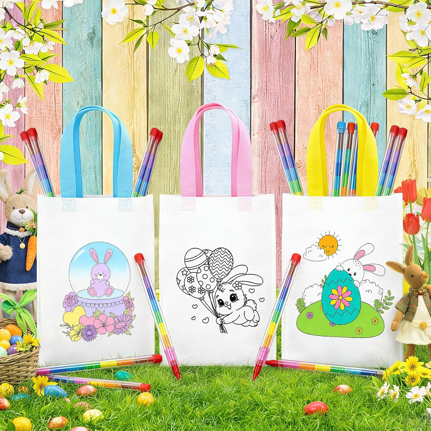 20 Pcs Easter Coloring Gift Bags for Kids with 20 Stackable Crayons, Reusable Non-woven Bunny Tote Bags, DIY Coloring Activity Set for Easter Party Favors, Classroom Rewards Bulk