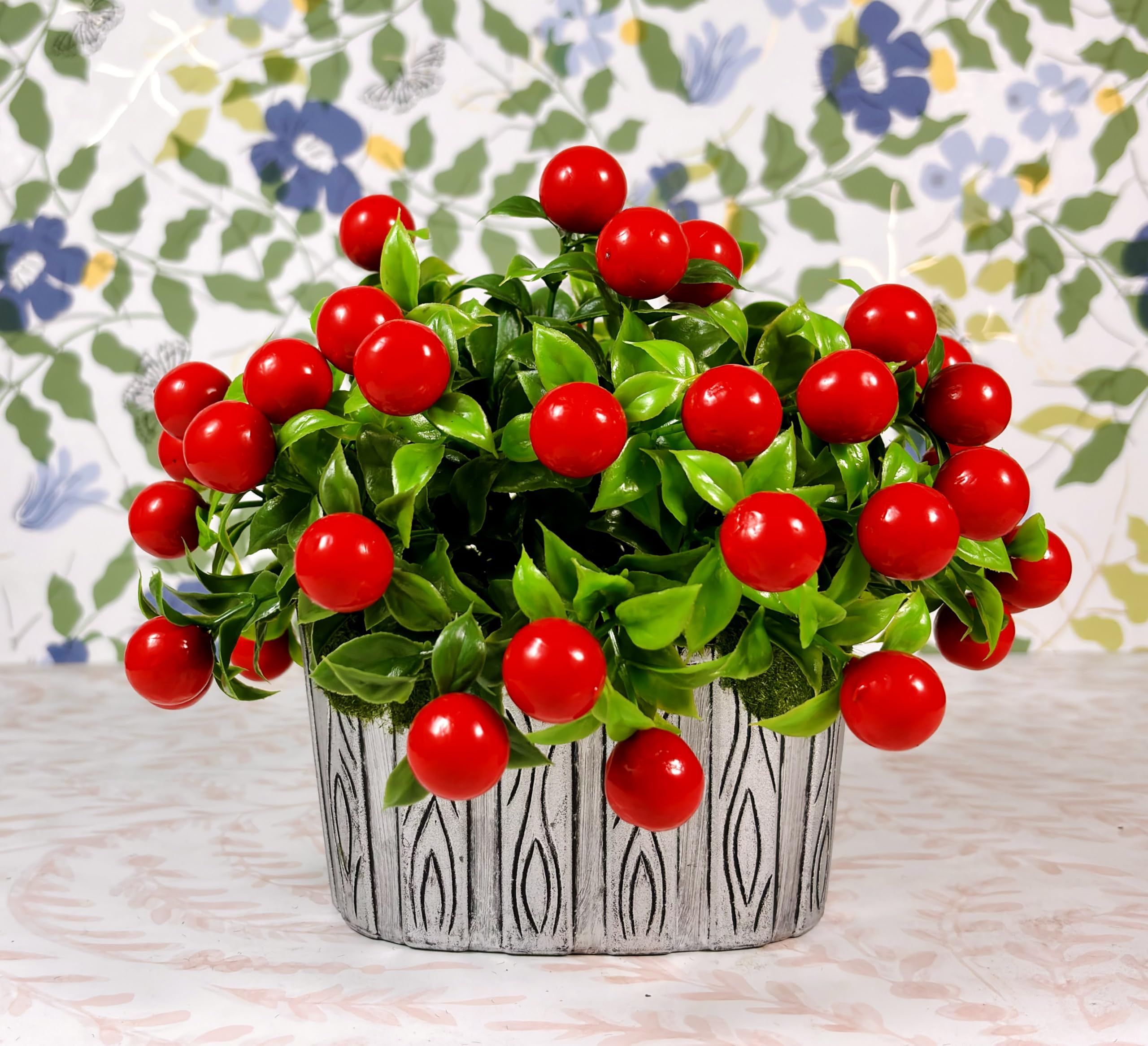 Dekorly Artificial Flowers Bunch | Fruit Cherry Flowers Bunch in Tub Pot | Home Office Hotel Tabletop Bedroom Living Room Bathroom Kichen Decor | Artificial Plants for Home Decoration | Height : 18CM-image-40