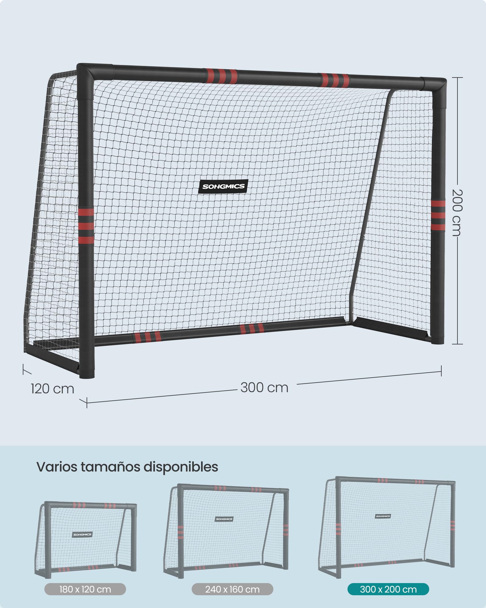 SONGMICS Portería de Fútbol 120 x 300 x 200 cm Acero Red PE Exterior Negro