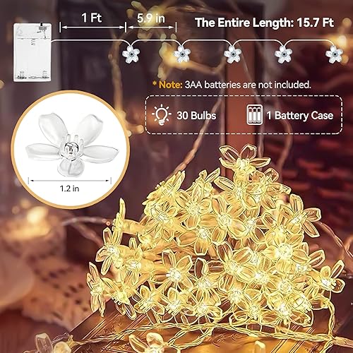 Vista 6 de ITICdecor Flower String Lights 15 FT 30 LED Fairy Christmas Lights Battery Operated Indoor&Outdoor Twinkle Lighting Bedroom Decor for Party Wedding