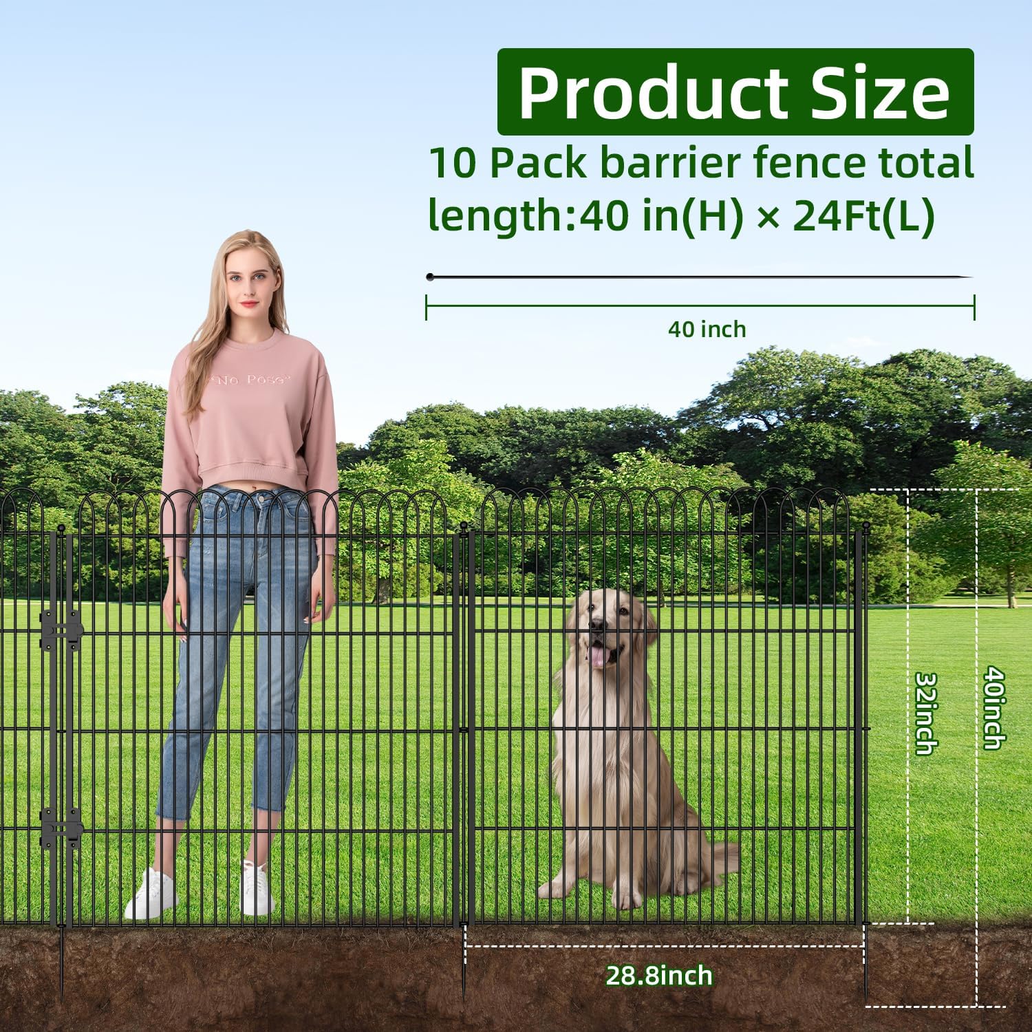 10 Panels No Dig Tall Decorative Garden Fence with Double Lock, 40 in(H) X 24 ft(L) Animal Barrier Fencing Outdoor for Yard,Rustproof Metal Garden Edging and Borders, Temporary Ground Stakes