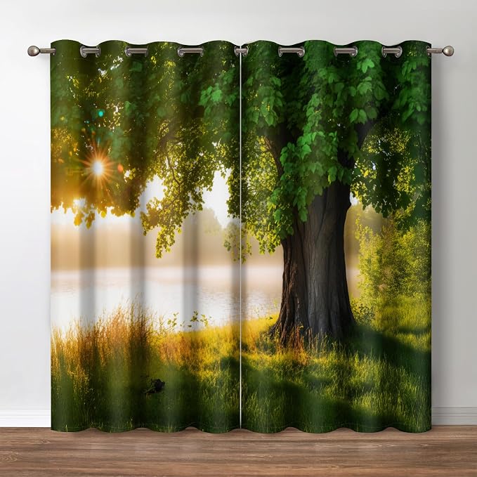 Jekeno Oak Tree Forest Blackout Curtains Green Tree Jungle Nature Landscape Foggy Scenery Stream View Print Decor for Bedroom Living Room Grommet Window Drapes 2 Panel Set, 52"x84"