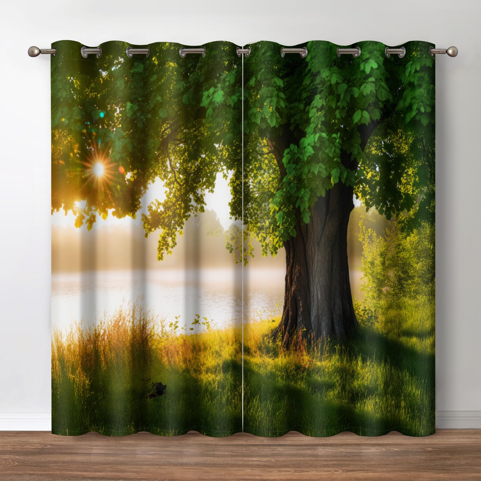 Jekeno Oak Tree Forest Blackout Curtains Green Tree Jungle Nature Landscape Foggy Scenery Stream View Print Decor for Bedroom Living Room Grommet