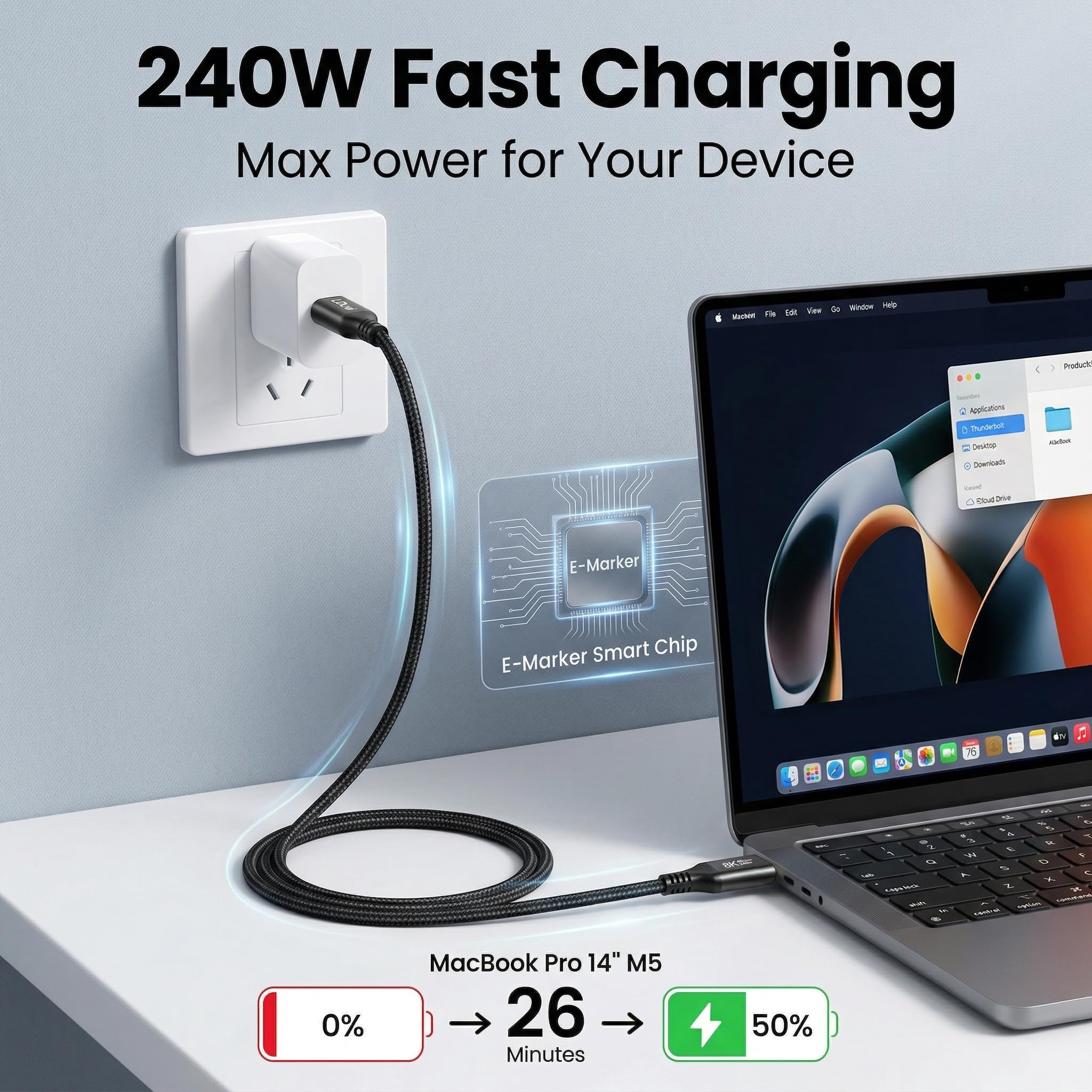 Confezione da 2 cavi USB 4, cavo USB C 8K/4K, cavo di trasferimento dati USB-C intrecciato da 40 Gbps, ricarica rapida PD da 240 W per Samsung, MacBook Pro, SanDisk, Lenovo, HP, iPhone 16, Dell