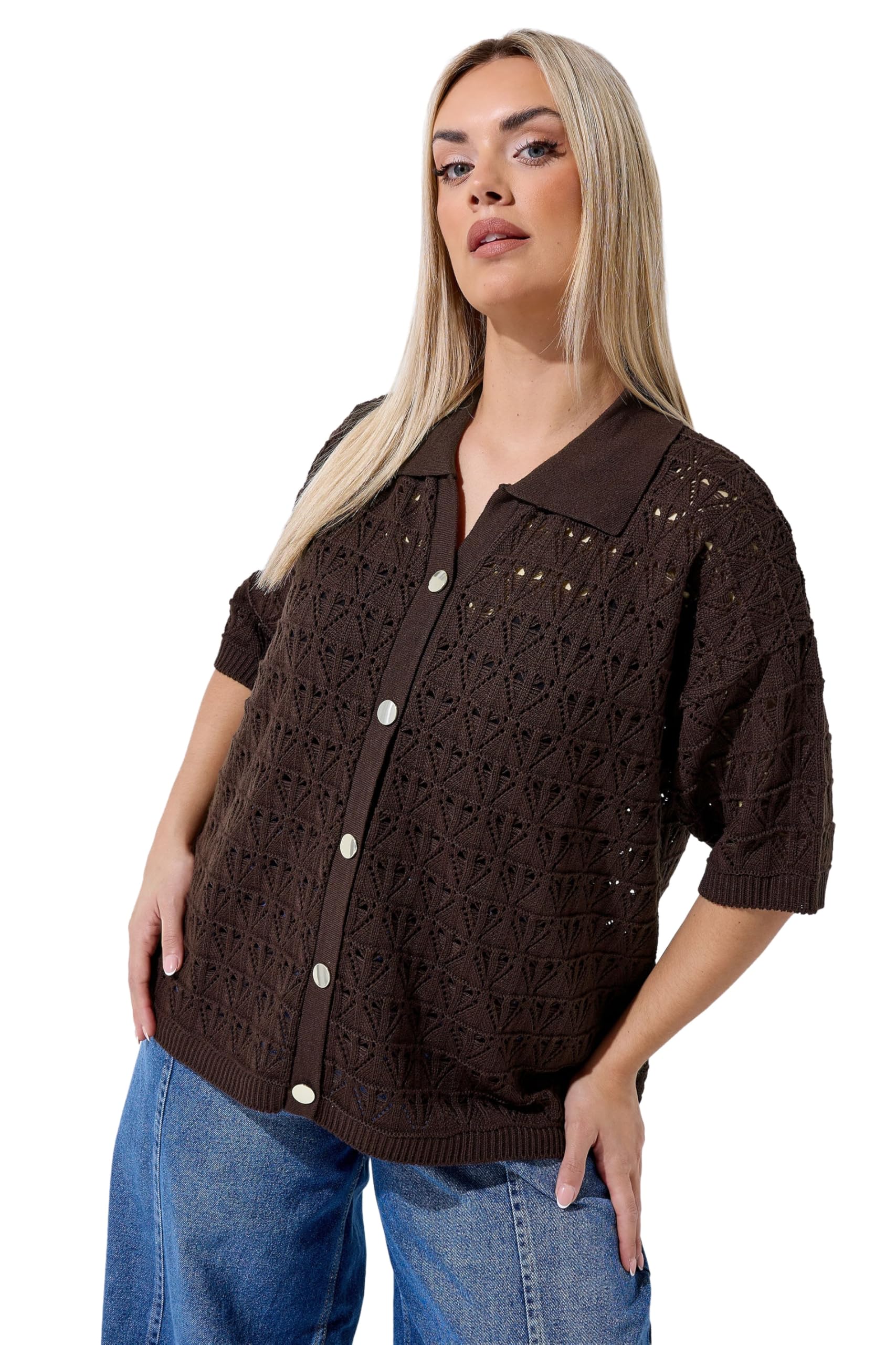 Yours Women's Chocolate Button Through Crochet Shirt In | : 22/24