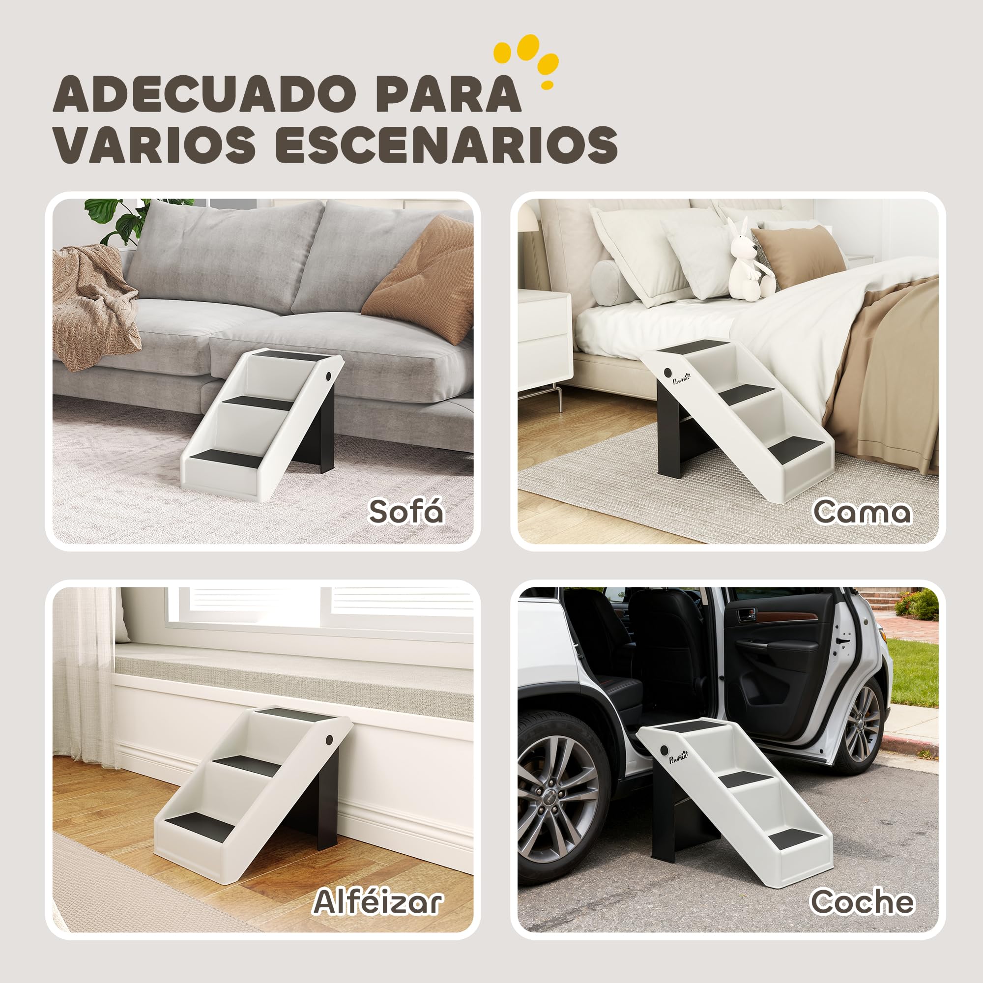 PawHut Escalera para Perros Plegable de 3 Peldaños Portátil Escalera para Mascotas Mayores Perros Pequeños Gatos para Sofá y Cama 53x30,5x36,5 cm Blanco Crema