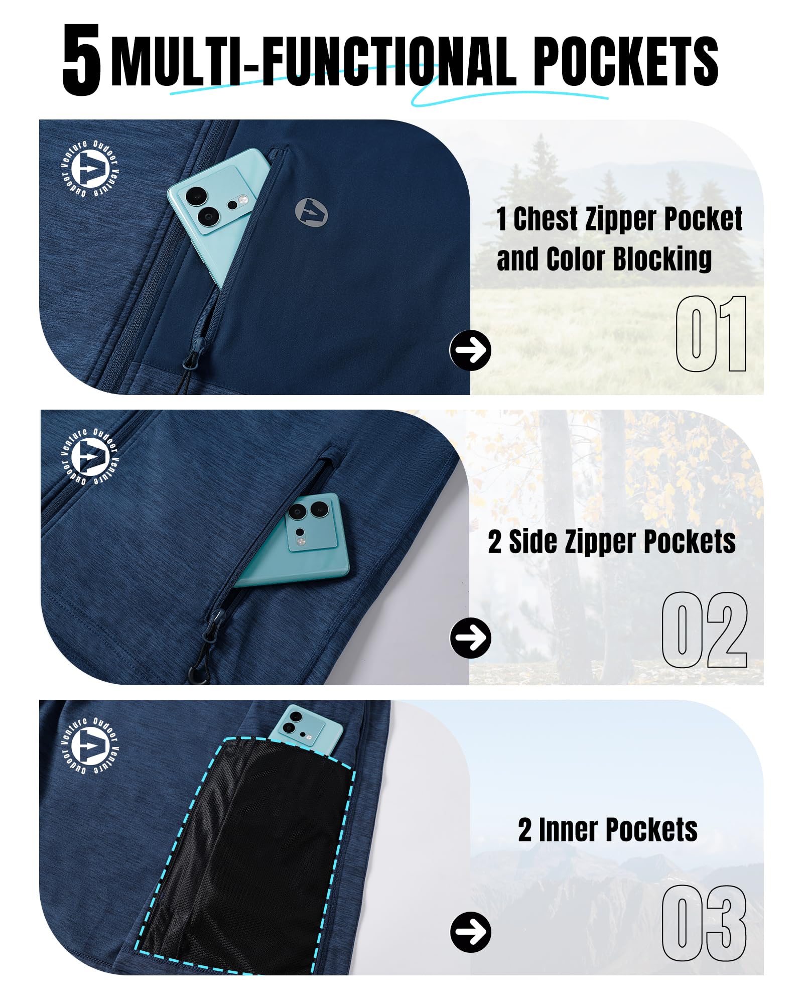 Outdoor Ventures Veste de sport légère pour homme - Veste demi-saison en polaire avec 5 poches - Veste de loisirs - Veste de survêtement pour les loisirs et l'extérieur