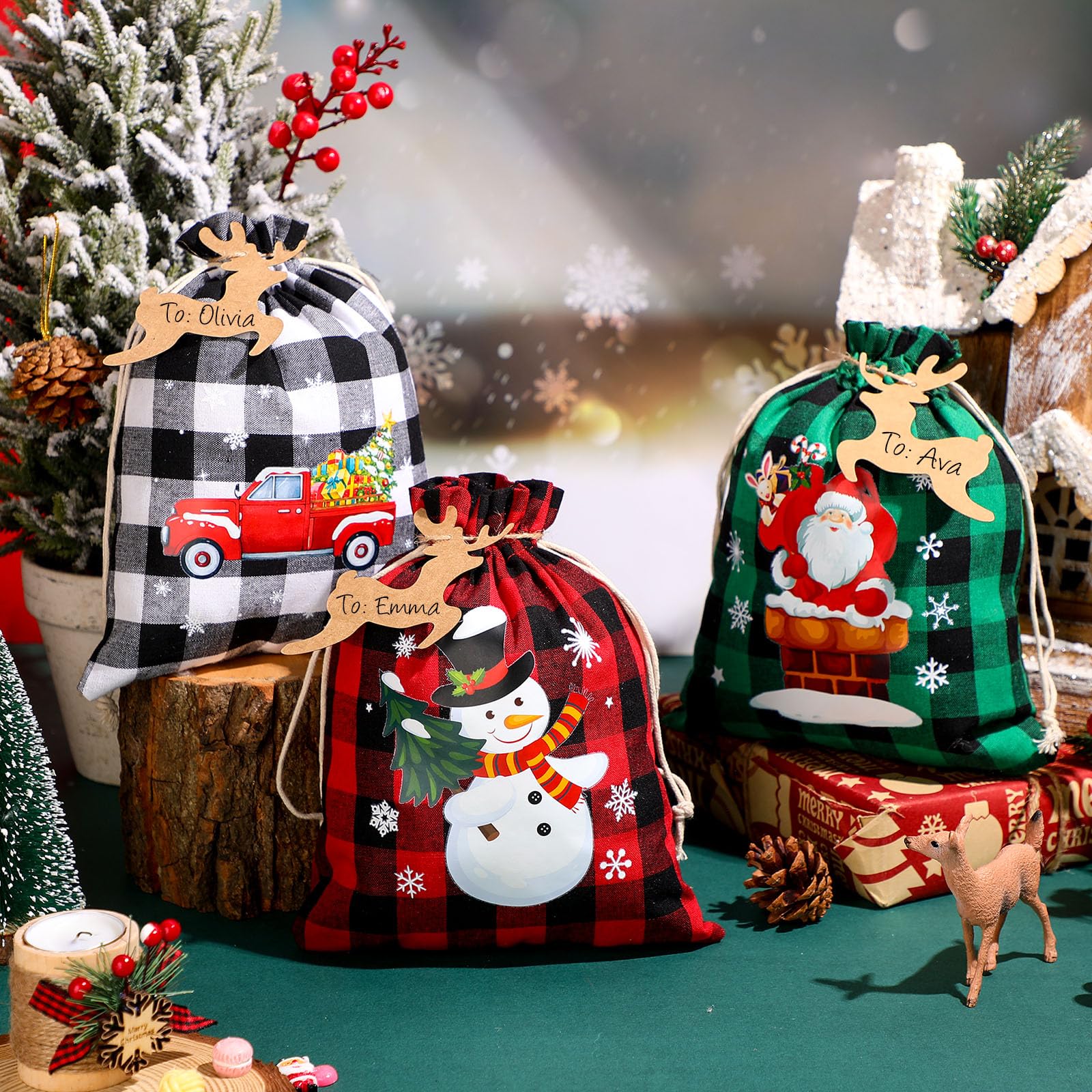 Shappy Lot de 24 sacs cadeaux de Noël en toile de jute avec cordons de serrage - Petits sacs cadeaux de Noël pour Noël, vacances, Nouvel An, fournitures de fête (25,4 x 20,3 cm, style élégant)