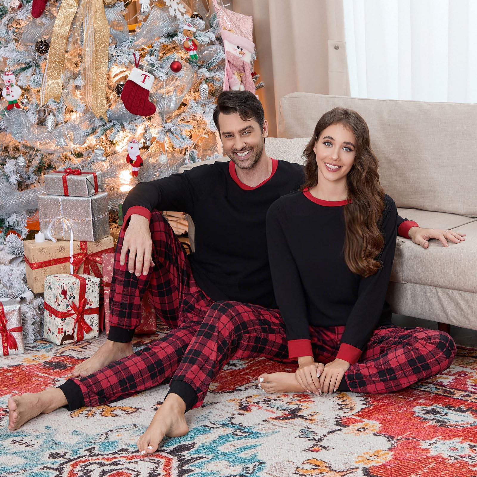 Set pigiama abbinato per la famiglia, a maniche lunghe, in cotone, con pantaloni a quadri di bufalo, abbigliamento da casa natalizio