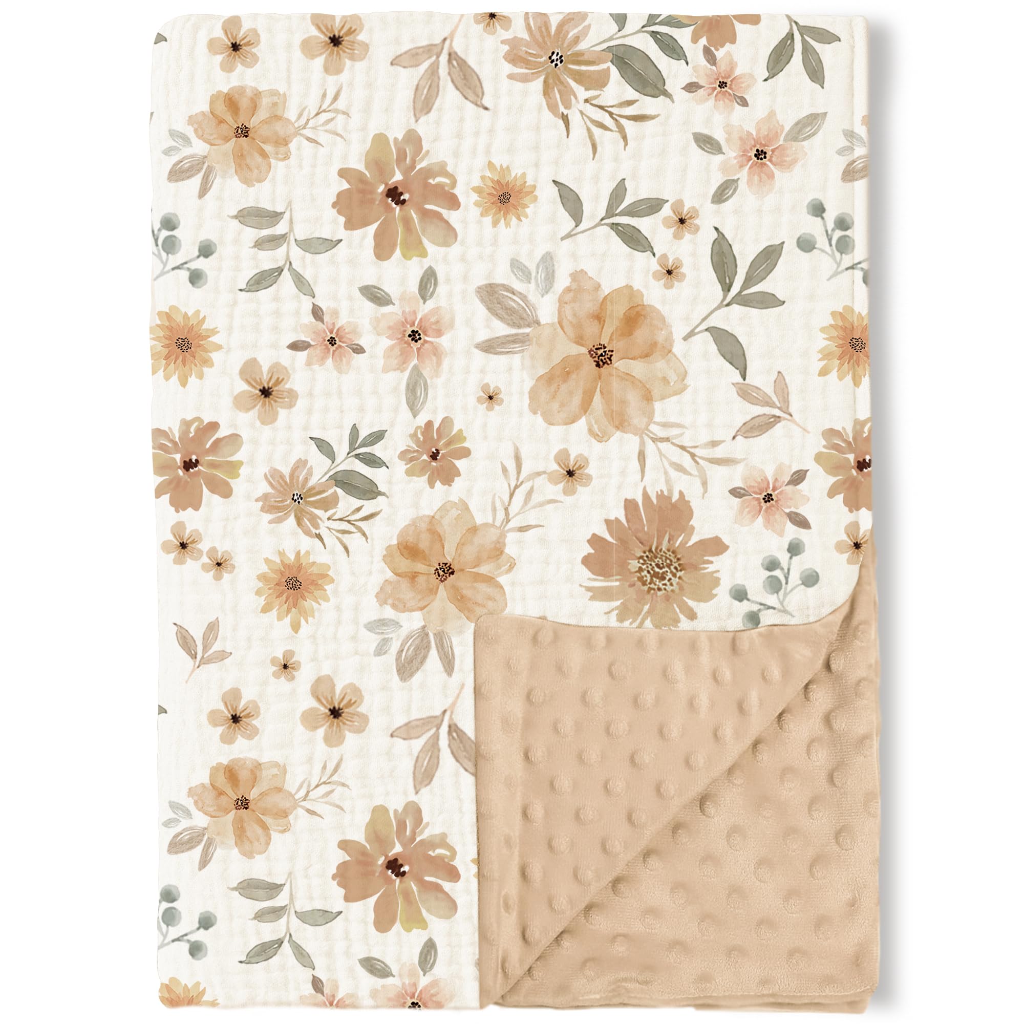 Konssy Baby Blankets for Unisex Boys Girls, Super Soft Nursery Minky Blankets with Muslin Cotton Front and Dotted Fleece Backing, Printed Bed Throws Newborn