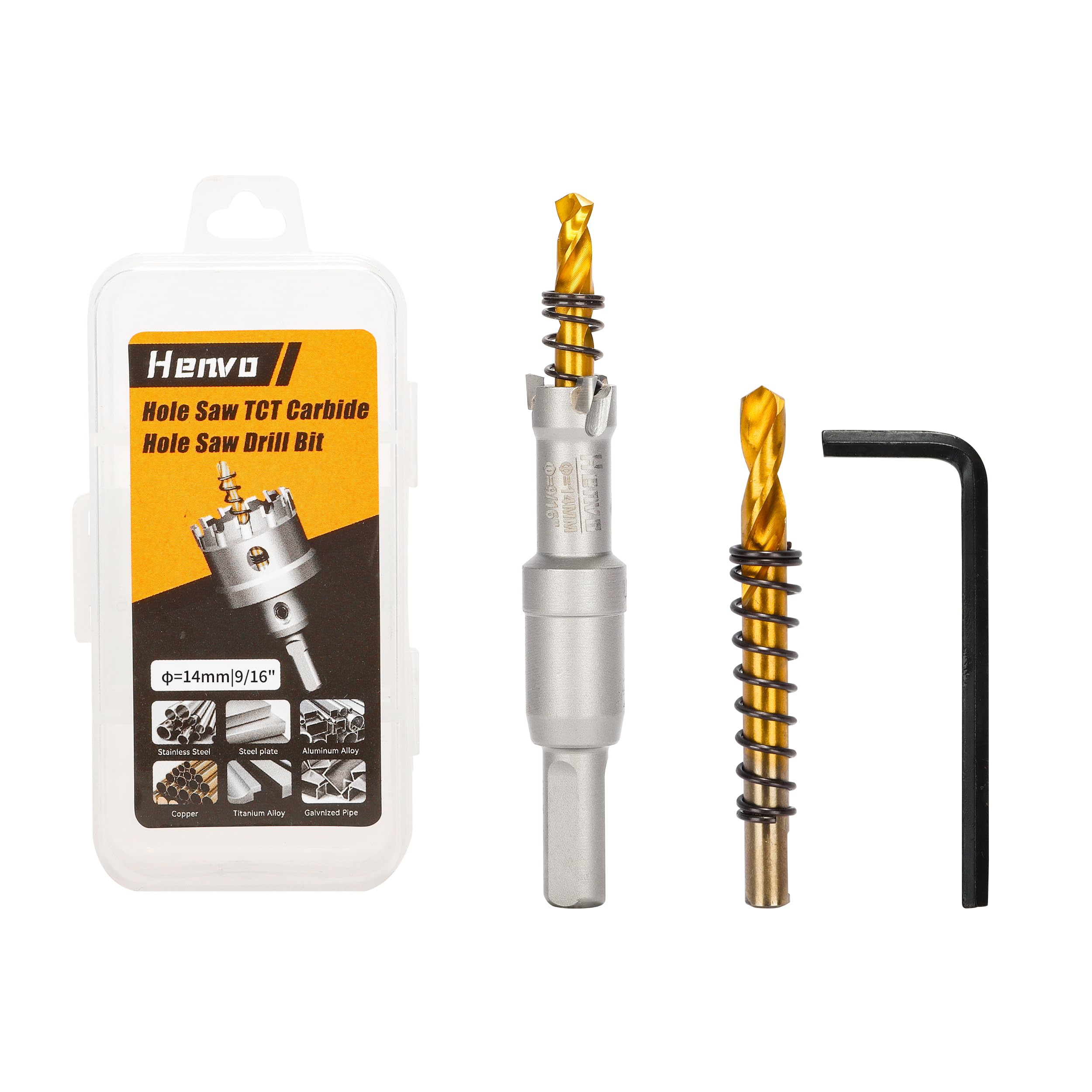 Henvo Hole Saw 9/16" (14mm) Heavy Duty Carbide with 2 Pilot Drill Bits - Metal Hole Cutter Cuts Stainless Steel, Iron, Copper, Brass, Plastic