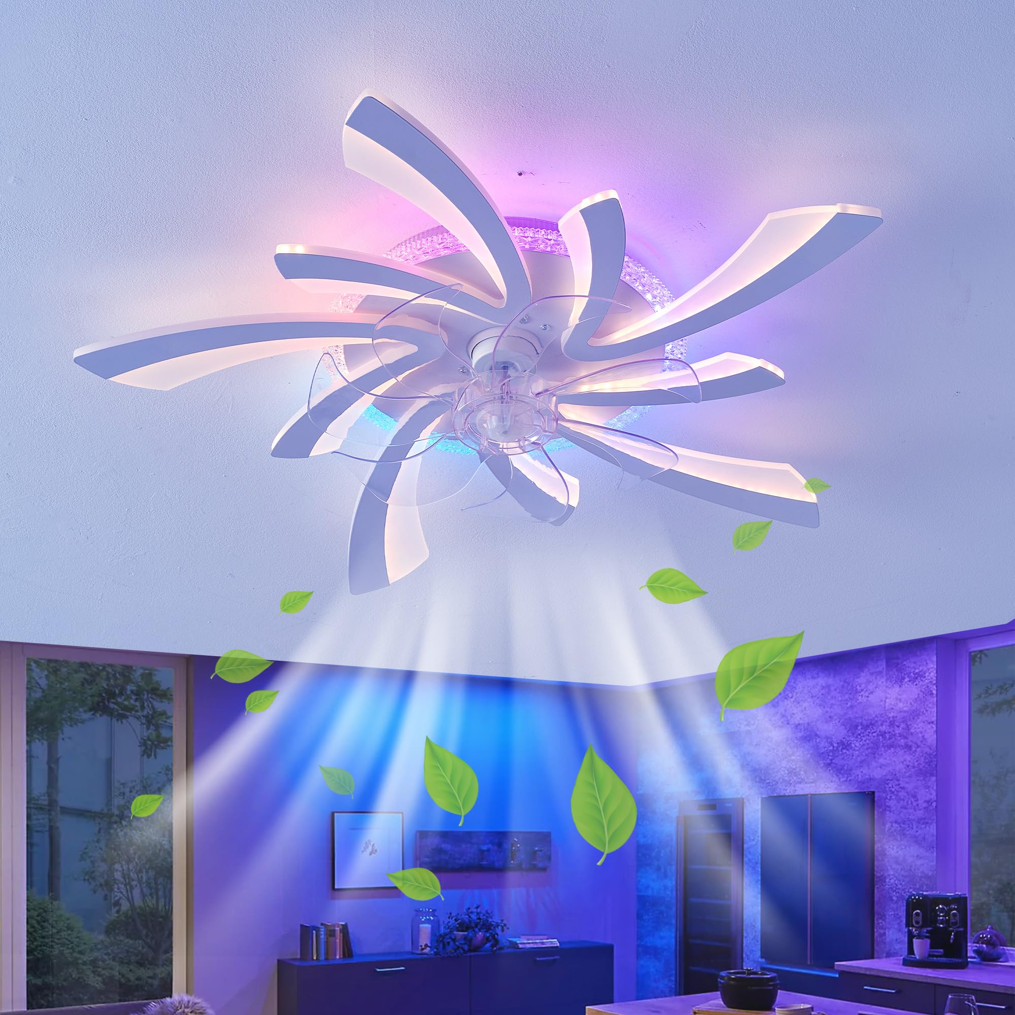 RGB White Star Ceiling Fan with Light and Remote Control Bedroom Children Modern LED Ceiling Fan Motor DC 6 Speeds Reversible Silent for Living Room Children's Room