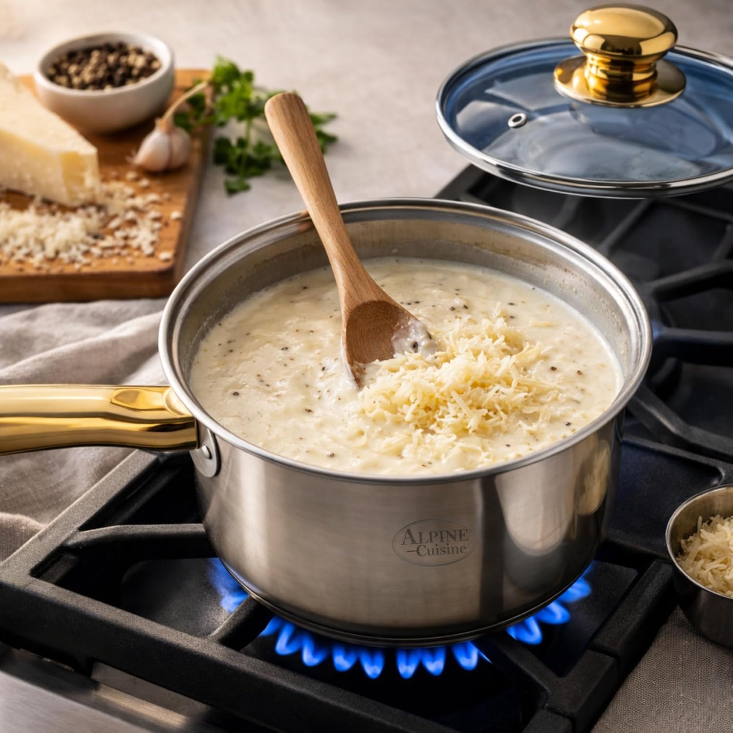 Alpine Cuisine 12-Piece Stainless Steel Cookware Set with Blue Glass Lids & Gold Handles – Nonstick Fry Pan, Stock Pot & Sauce Pots – Induction Compatible, Mirror Polish Kitchen Cooking Set