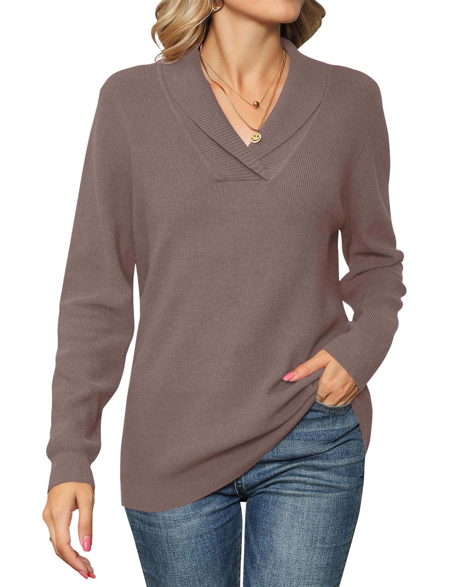 Ivicoer Women Long Sleeve V Neck Pullover Collar Knitted Sweaters