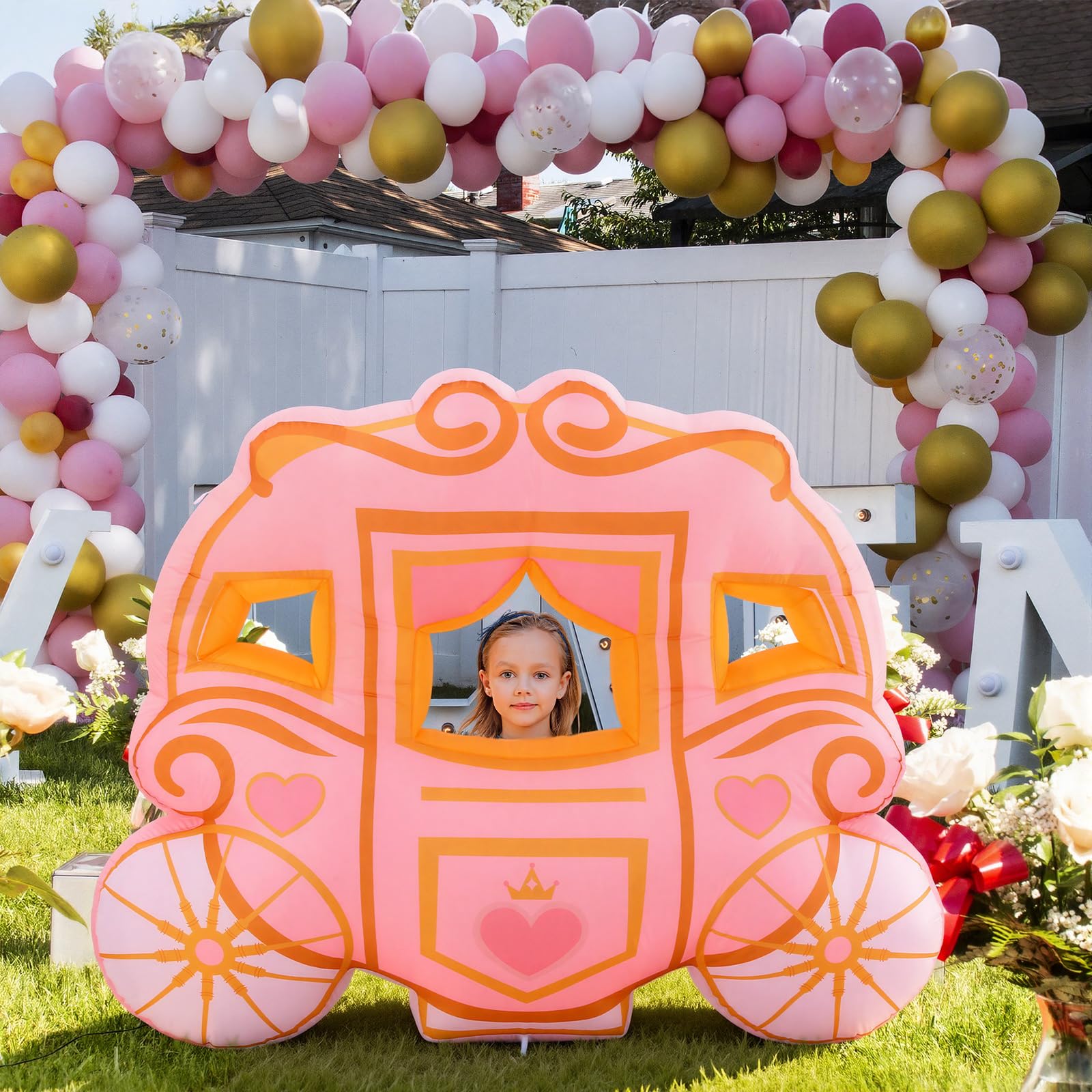 Photo 1 of Soulchen 5 ft Princess Carriage Inflatable Outdoor Decoration Built-in Blower Pink Princess Birthday Party Decoration Photo Props Yard Sign for Girl Themed Party Patio Outdoor Decor