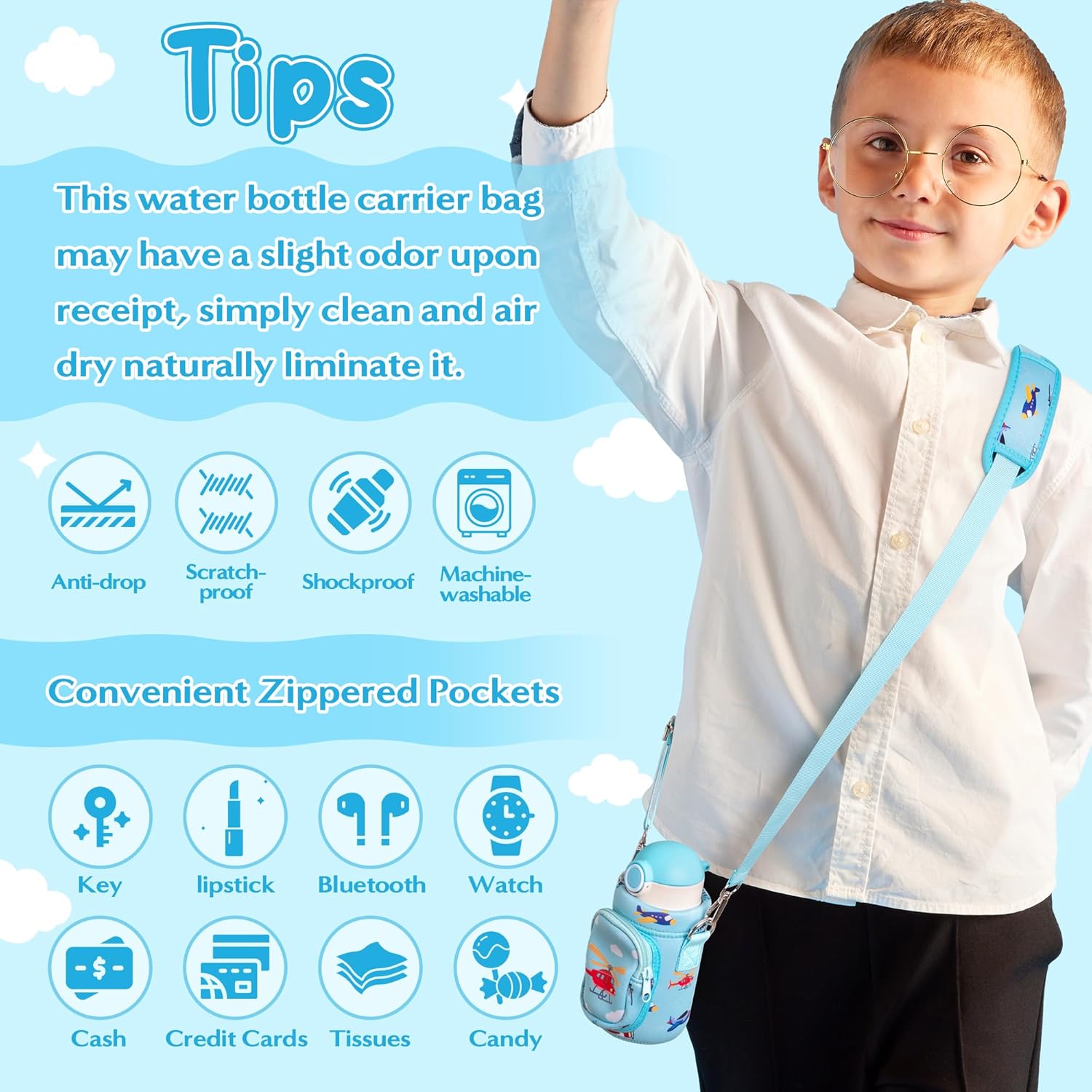 Water Bottle Carrier Bag with Strap for Kids - Water Bottle Bag Holder with Padded Strap Pocket 10/12/14/16/18Oz for Boys Girls School Walking Hiking Camping - Image 4