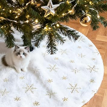 Christmas Tree Blanket 90 cm Large Christmas Tree Skirt Blanket Round Luxury White Christmas Tree Blanket Gold Snowflake Sequins Plush Rug Merry Christmas Party Holiday Tree Christmas Holidays Home Decor