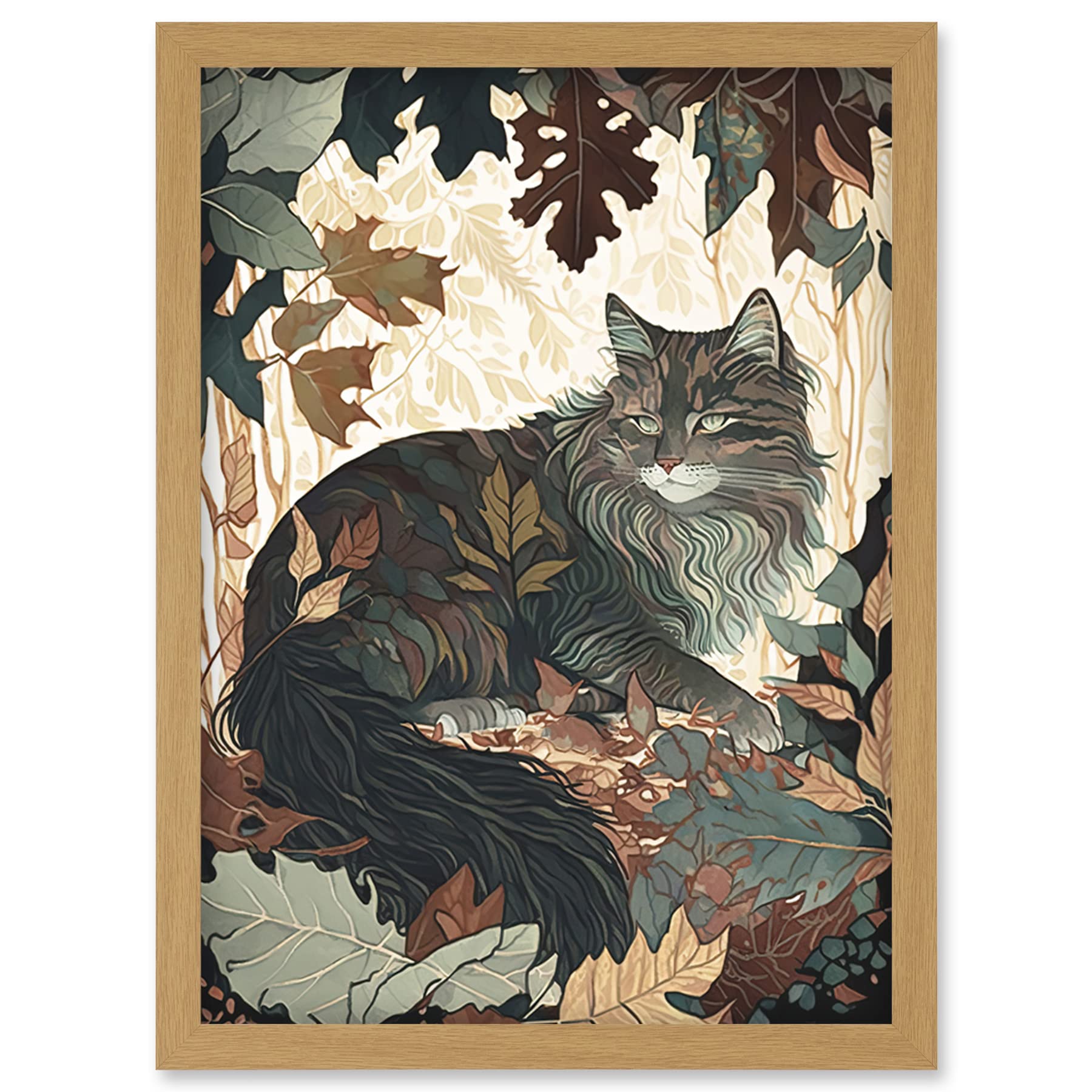 Artery8 Norwegian Forest Cat Resting Under Bush Trees Modern Illustration Artwork Framed Wall Art Print A4