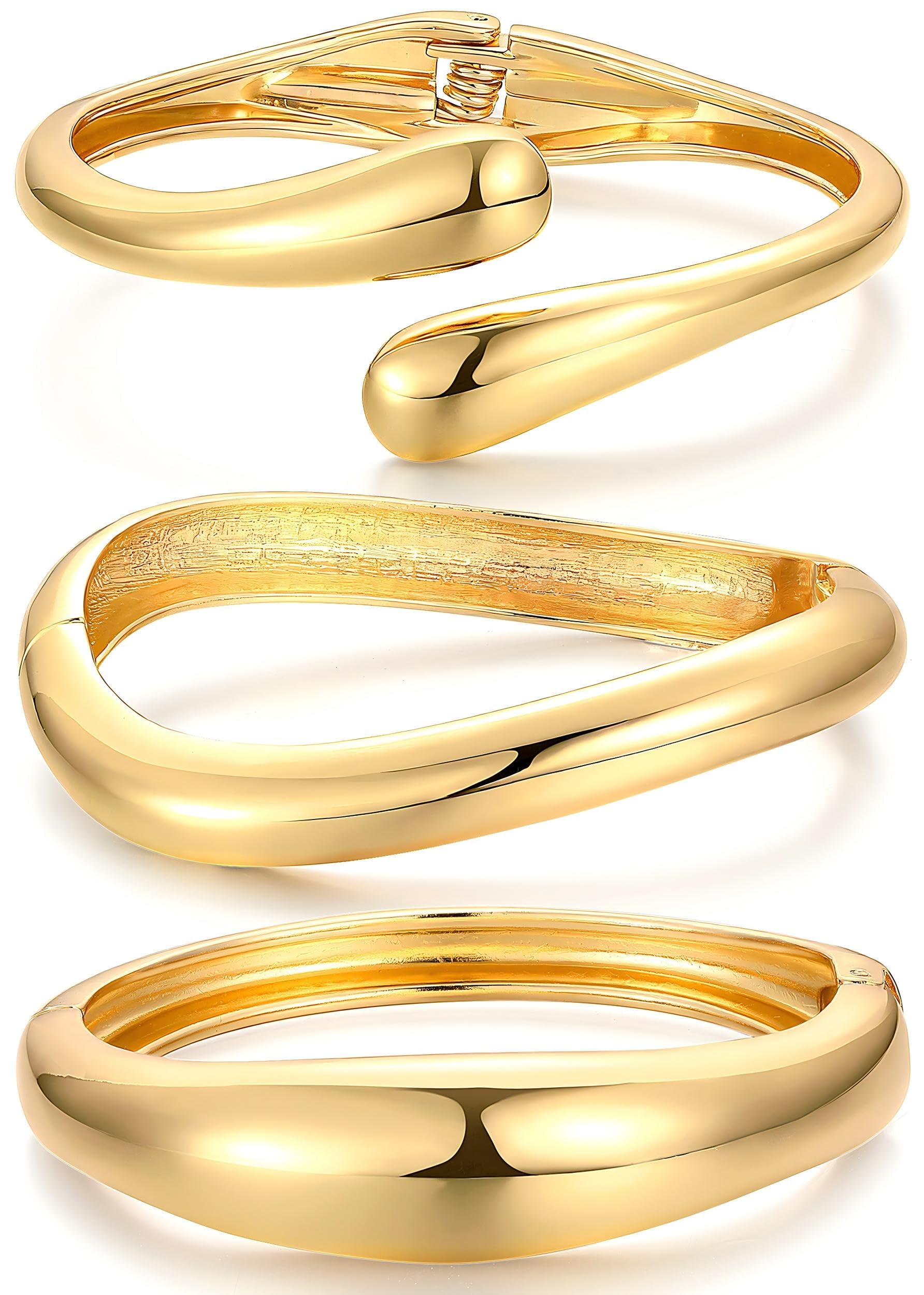 Chunky Bangle Bracelets for Women Dainty 14k Gold Plated Big Stackable Bangles Set Trendy Statement Womens Cuff Bracelet
