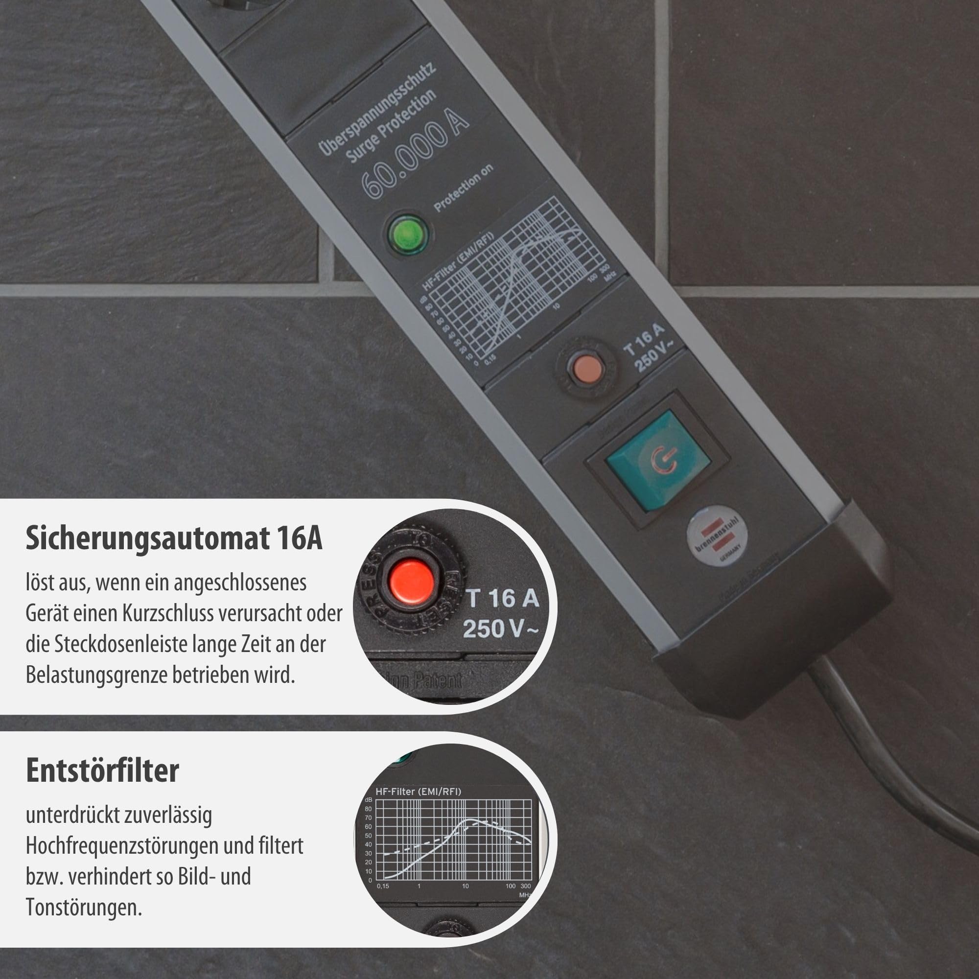 Brennenstuhl Premium-Protect-Line Steckdosenleiste 6-Fach, 5m | Mit Überspannungsschutz 60.000 A, Mehrfachsteckdose mit Schalter, Made in Germany, silber/schwarz