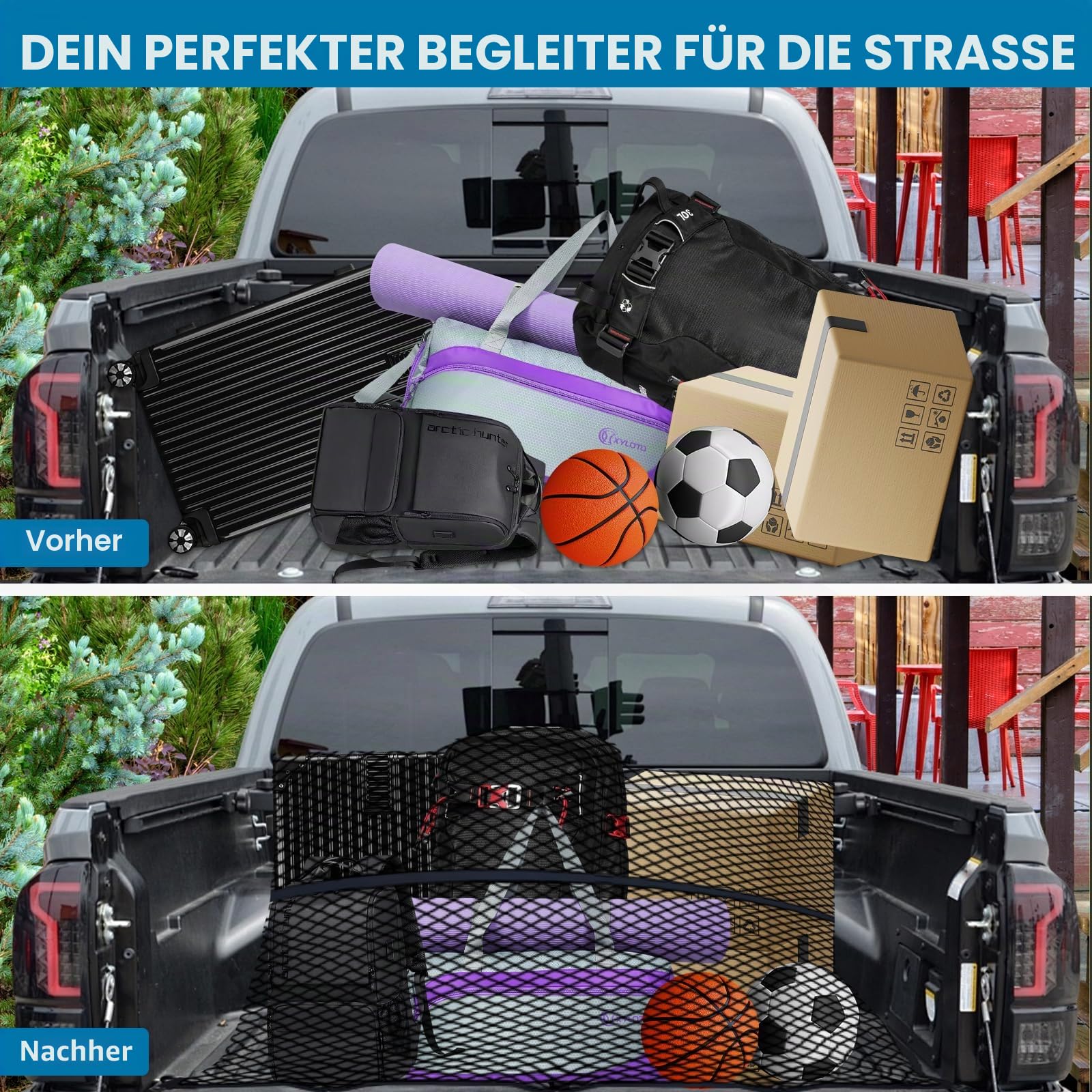 Hochelastisches Gepäcknetz, 1,5 x 1,8 m dehnbar bis 2,5 m x 2,9 m (Einlagig), LKW-Frachtnetz, Netz-Organizer, mit 8 x Stahlkarabiner + 4 x Haltegurt, Gepäckfixierung für LKW Auto Wohnmobil