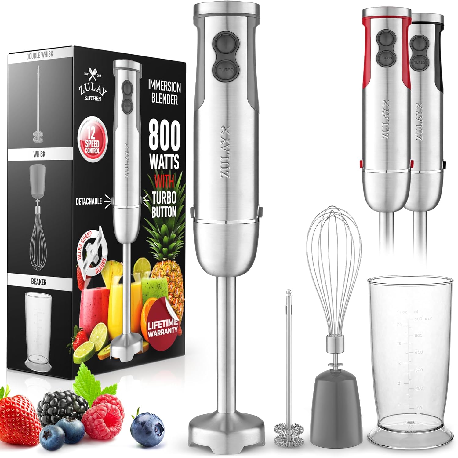 Zulay 4-in-1 Immersion Stick Mixer Hand Blender - 800 Watts, 12 Speeds, 5-ft Power Electric Cord, Handheld Portable, Stainless Steel Blades - With Whisk, Frother & Stick Blender Attachments - Gray image 1