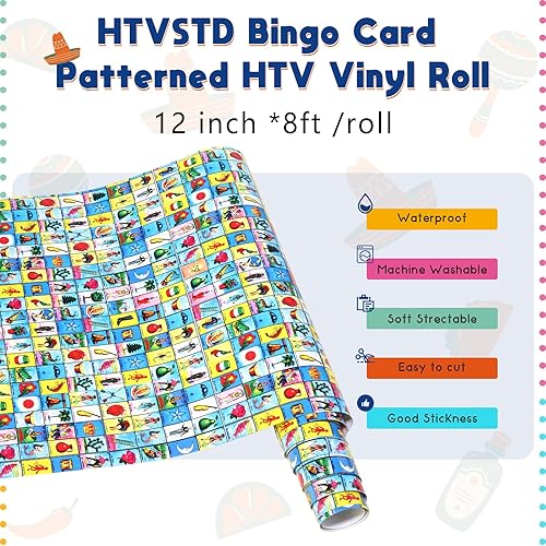 Miniatura 2 de Rollo de vinilo HTV con estampado de bingo, 12 rollos de vinilo mexicano de transferencia de calor de 8 pies, estilo Cinco de Mayo, rollo de vinilo