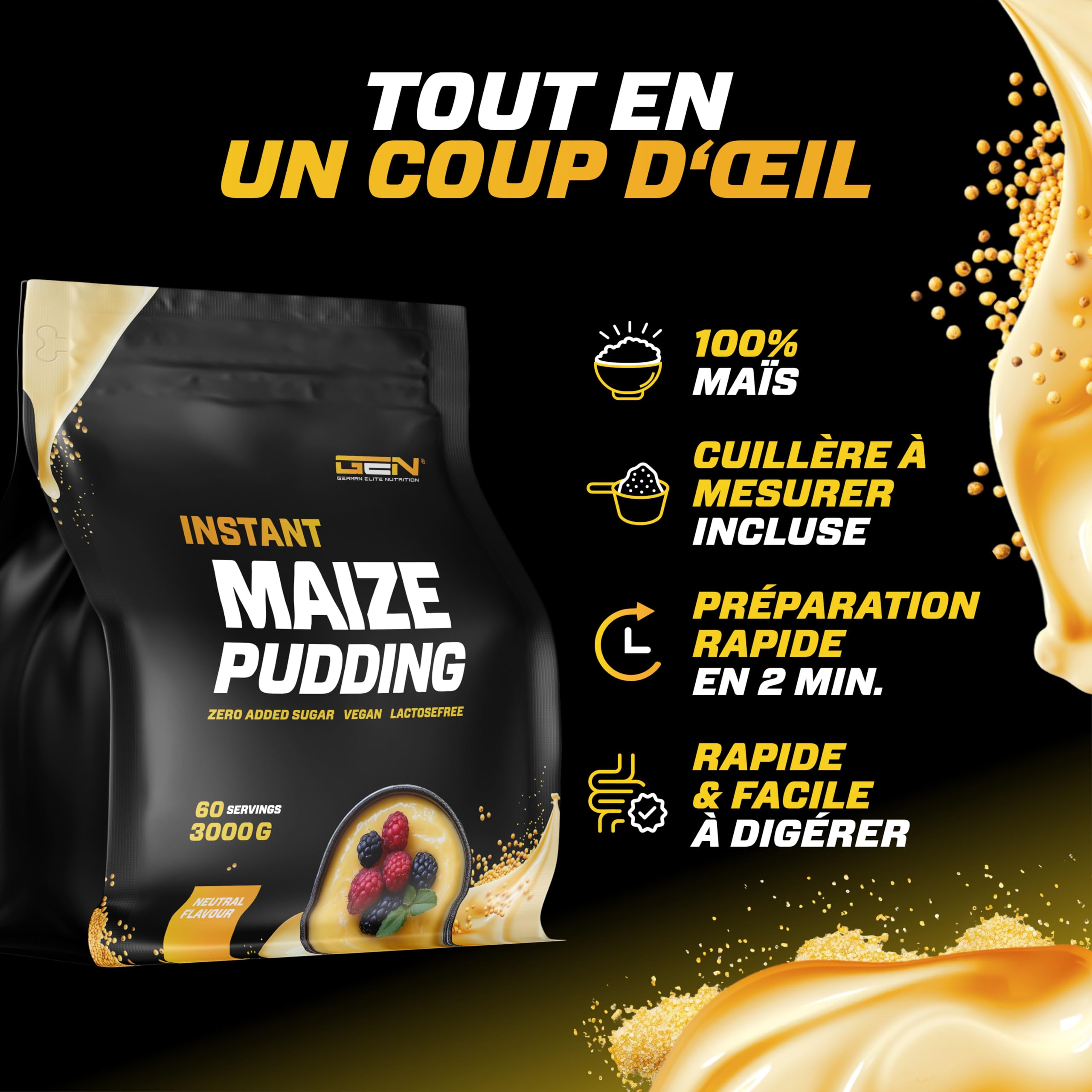 Maize Pudding Neutral 3kg - Pudding de maïs sans sucre - Avec des glucides complexes - Consistance crémeuse - Préparation rapide et facile - 100% maïs - Vegan