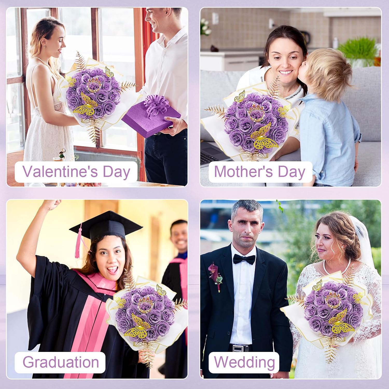 Artificial Glitter Roses - 24 Pack DIY Fake Shiny Floral for Crafts Wedding, Anniversary, Mother's Day,Birthday and Valentine's Day Lilac - Image 4