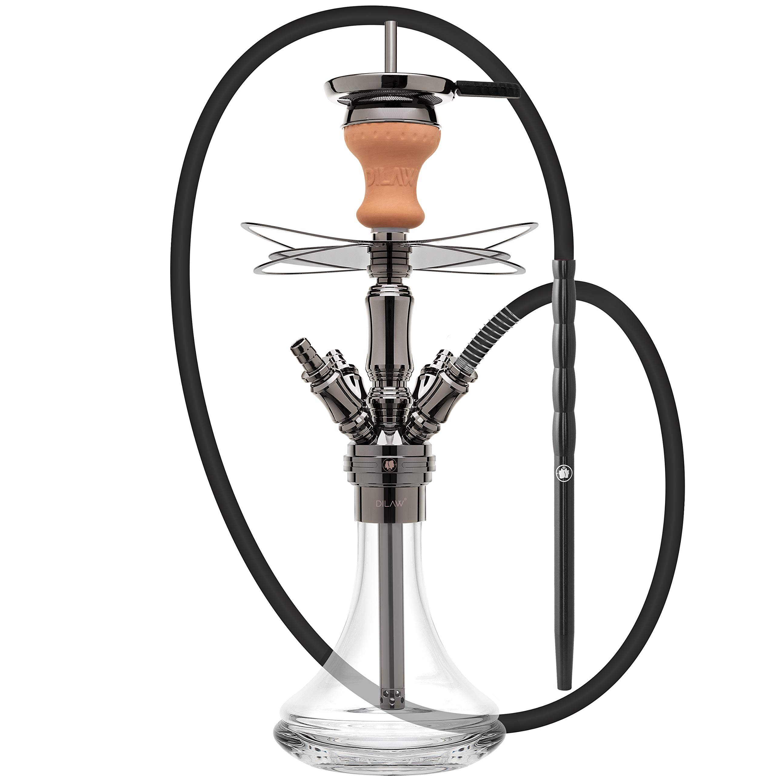 DILAW Szisza kompletny zestaw Smart to go, 38 cm, ze stali nierdzewnej, mini hookah z 4 przyłączami i 4 adapterami szklanymi, w zestawie z miską, głowicą i nasadką, wężem węglowym, ustnikiem