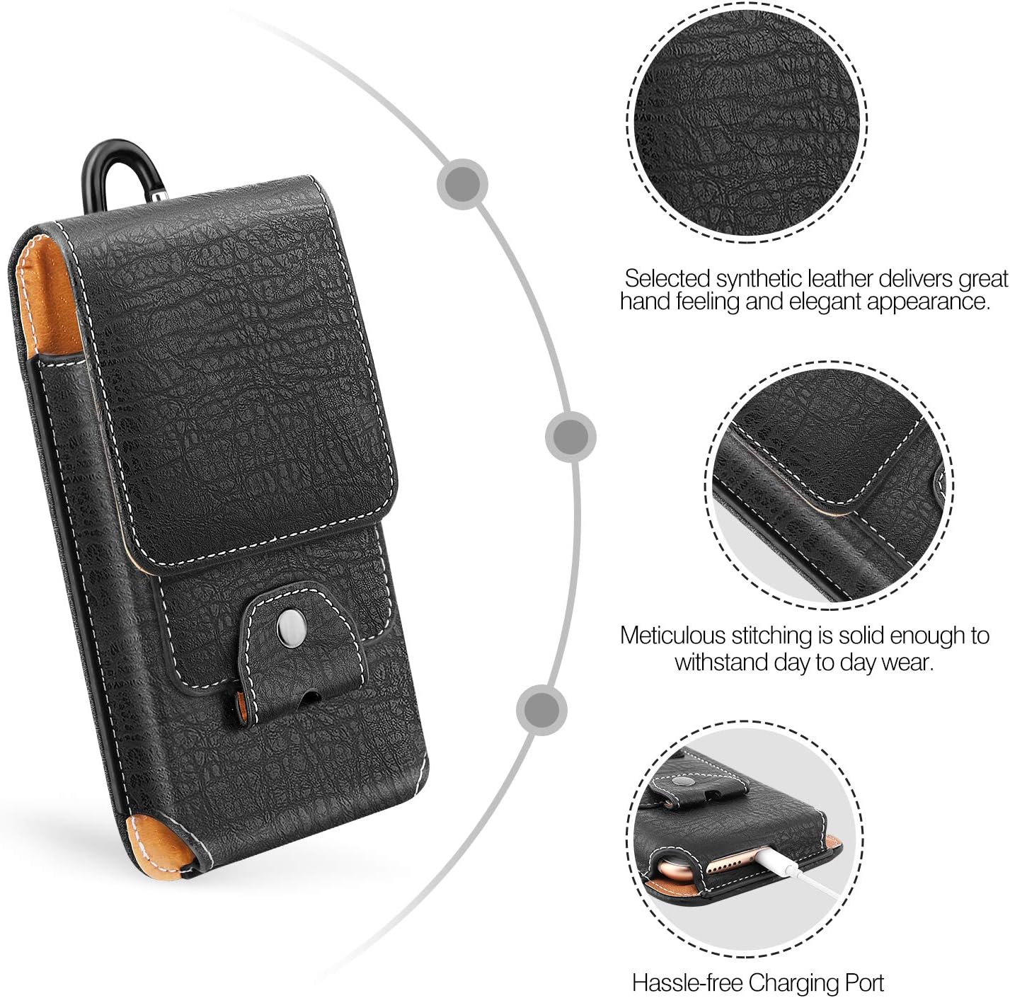 MoKo Phone Holster 6.5" PU Leather Belt Loop Case Pouch Cover with Carabiner + Card Slot Fit iPhone SE 3 2022/13 mini/13/13 Pro/12 Mini/12/iPhone 12 Pro, iPhone SE 2020, Galaxy S20, Black