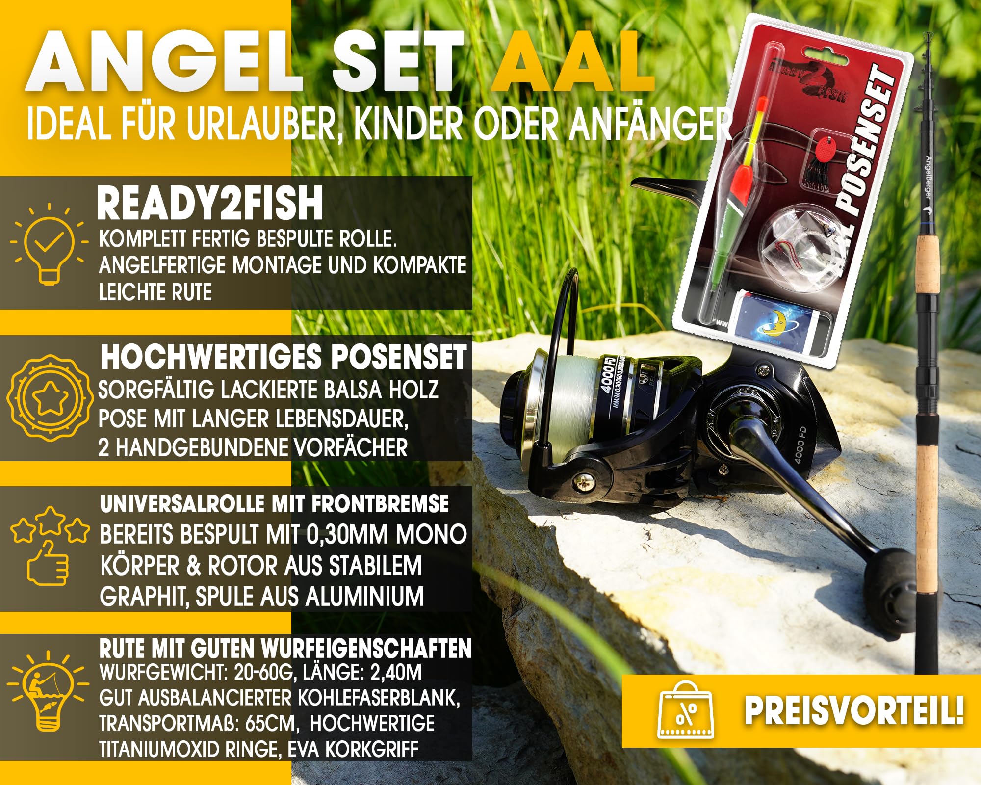 Angel Berger Tele Angelset Rute Rolle mit Zubehör