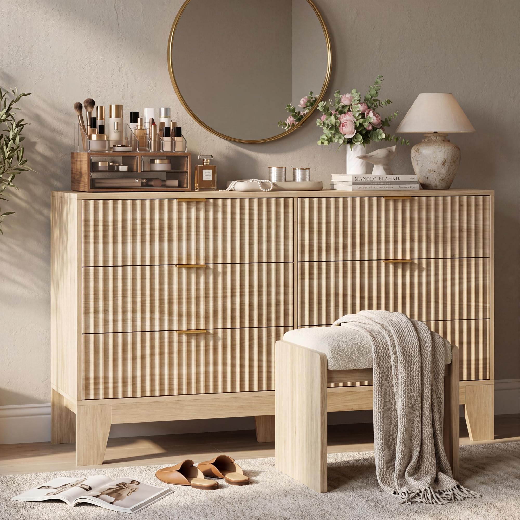 Photo 1 of IDEALHOUSE 6 Drawer Dresser for Bedroom, 47" Wide Modern Fluted Dresser with Gold Metal Handles, Chest of Drawers for Bedroom, Living Room, Entryway, Hallway, Oak