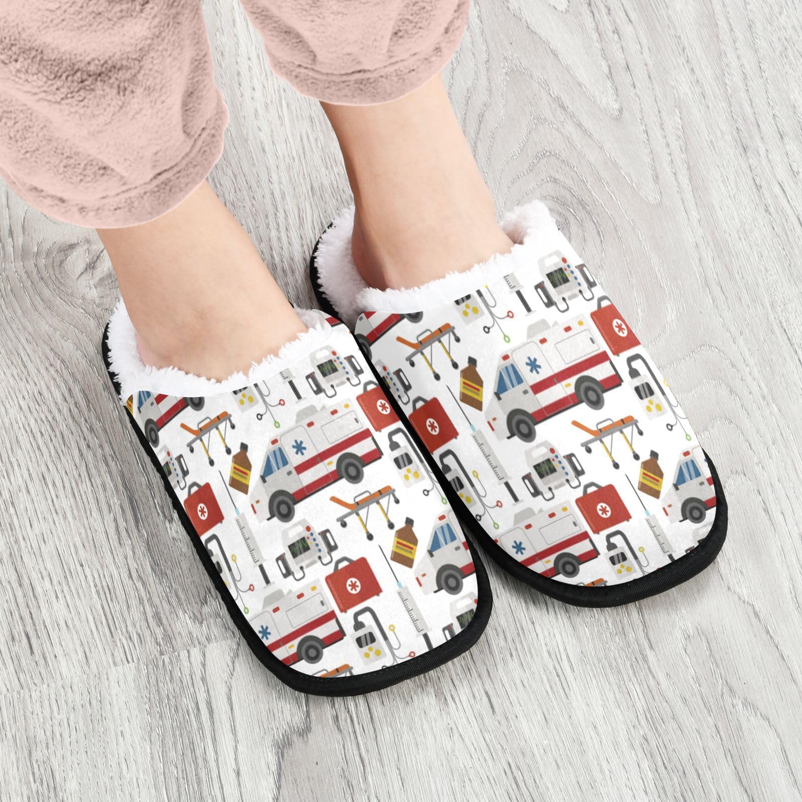 Glaphy Ambulance Cars Pattern House Slippers for Men, Memory Foam Non-Slip Indoor Slippers Bedroom Hotel Travel Spa Home Shoes, 9-12