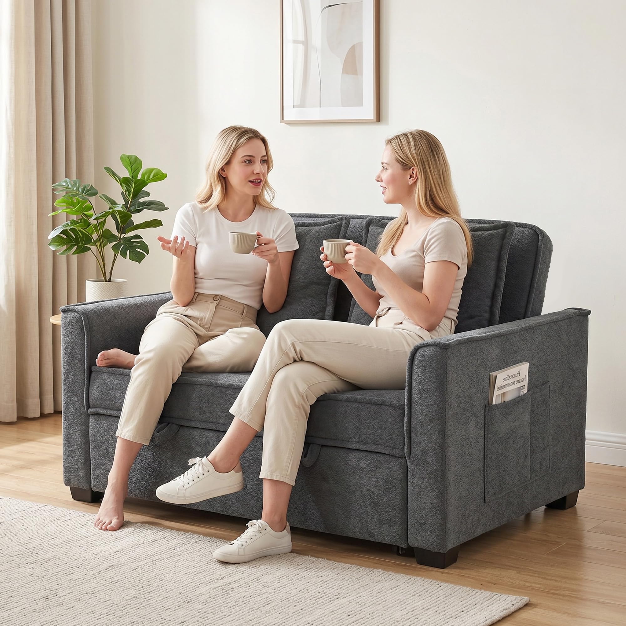 HOMCOM Sofá Cama 2 Plazas 3 en 1 Respaldo Ajustable Gris Oscuro | Sofá Cama Tejido Rizo, 3 Niveles, Bolsillos Laterales, 2 Almohadas con Fundas Extraíbles, Sala de Estar, Espacios Pequeños